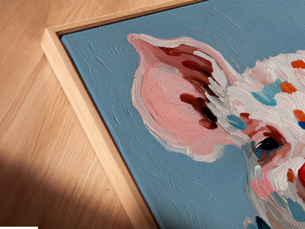 A close-up angled view showcases a canvas print in a floating frame. The pig art features a colorful farm animal with a cigar. The floating frame enhances the artwork's contemporary appeal. This whimsical piece adds a modern touch to any space. It's perfect for those seeking unique and stylish decor.