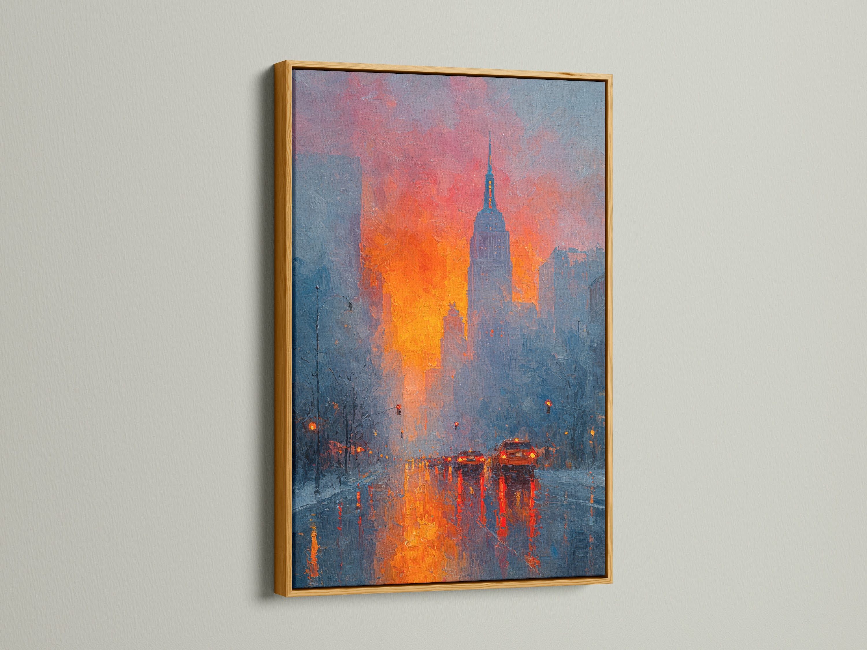 Elevate your space with the New York Cityscape in a gold frame. The gold frame enhances the vivid colors of this impressionist print. This modern artwork adds a touch of luxury to any interior. Perfect for creating a sophisticated and stylish atmosphere.