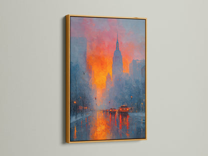 Elevate your space with the New York Cityscape in a gold frame. The gold frame enhances the vivid colors of this impressionist print. This modern artwork adds a touch of luxury to any interior. Perfect for creating a sophisticated and stylish atmosphere.