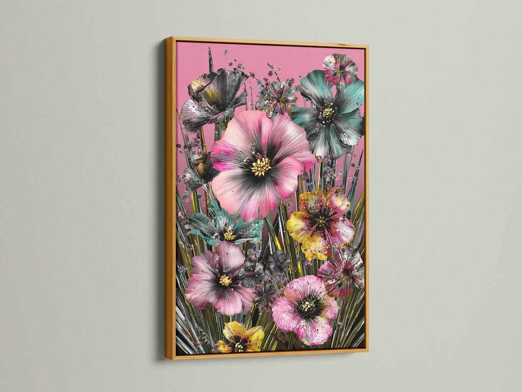 Tropical floral art with a gold frame. The artwork features pink hibiscus flowers. This botanical artwork is perfect for creative workspaces. It enhances living room wall art and adds a touch of elegance.