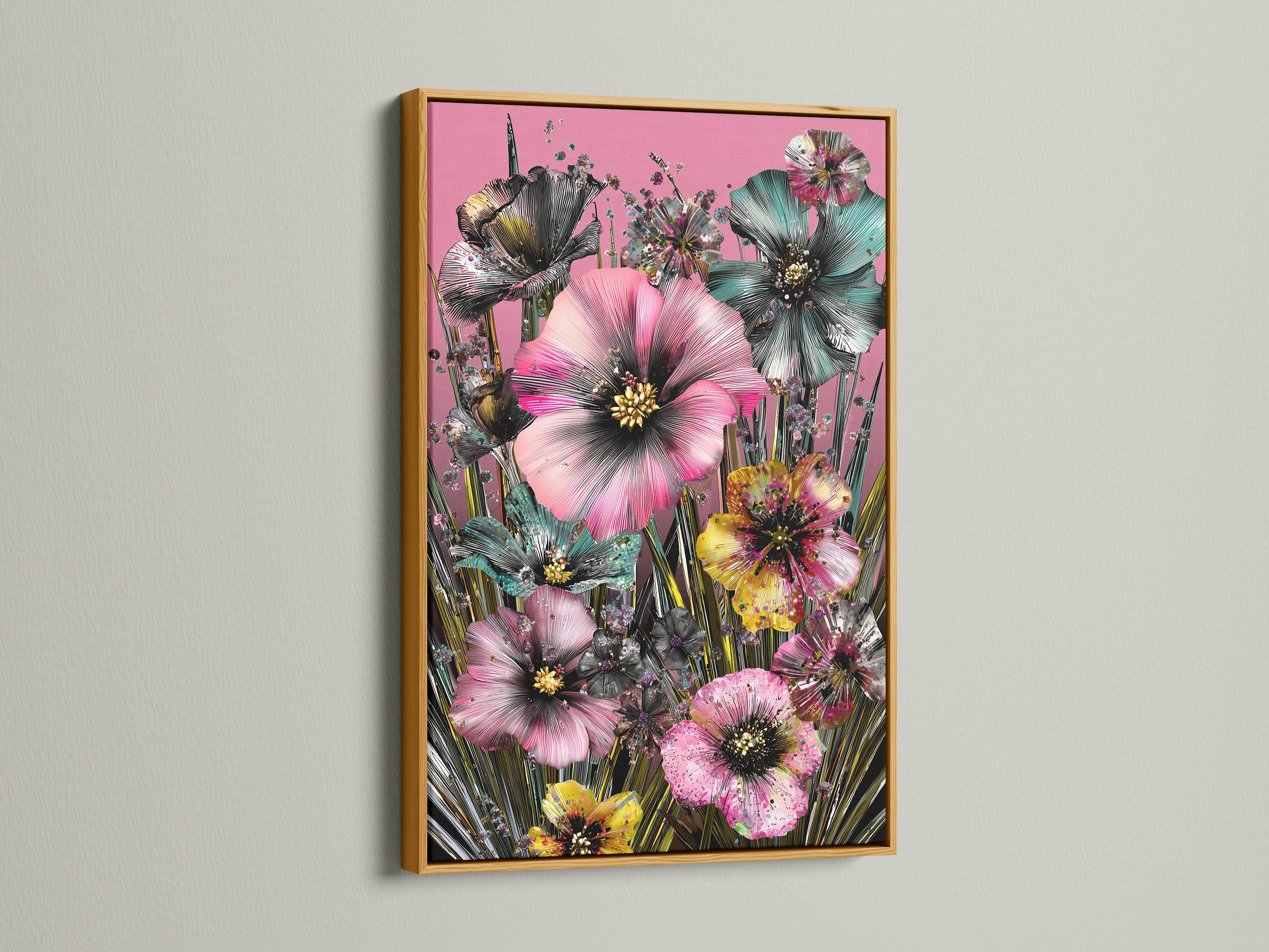 Tropical floral art with a gold frame. The artwork features pink hibiscus flowers. This botanical artwork is perfect for creative workspaces. It enhances living room wall art and adds a touch of elegance.