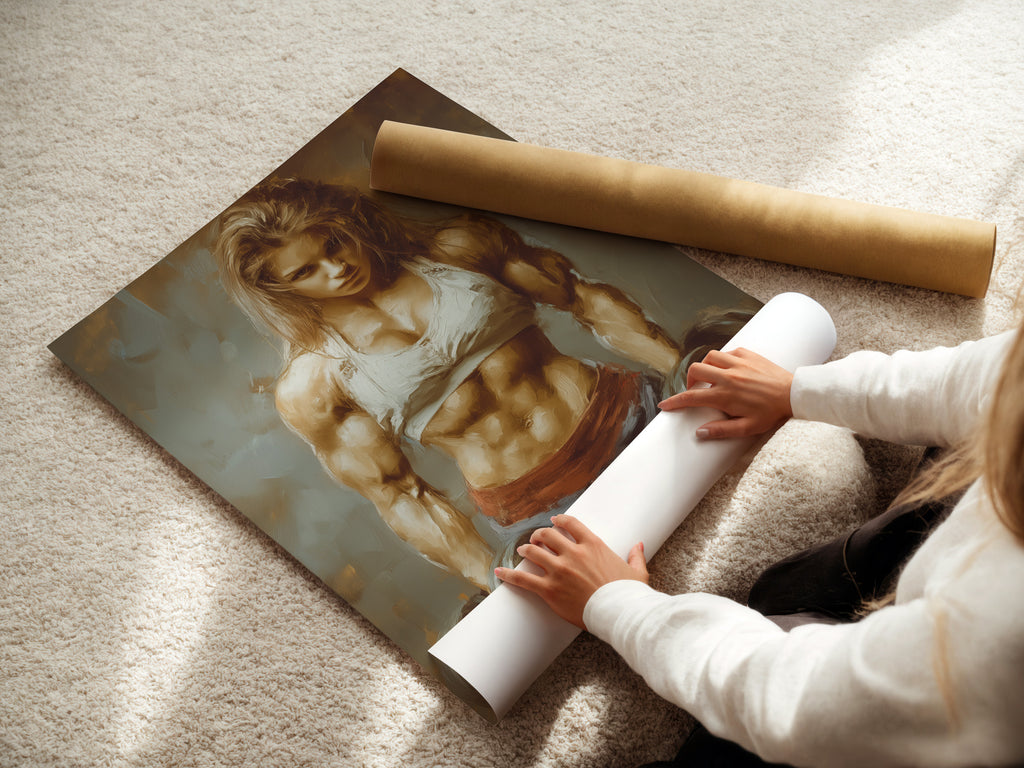 A woman rolling fine art poster paper. Preparing a strong woman artwork print. Great fitness motivation wall art. This female bodybuilder poster is perfect for home gym decor. Get your motivational art today.