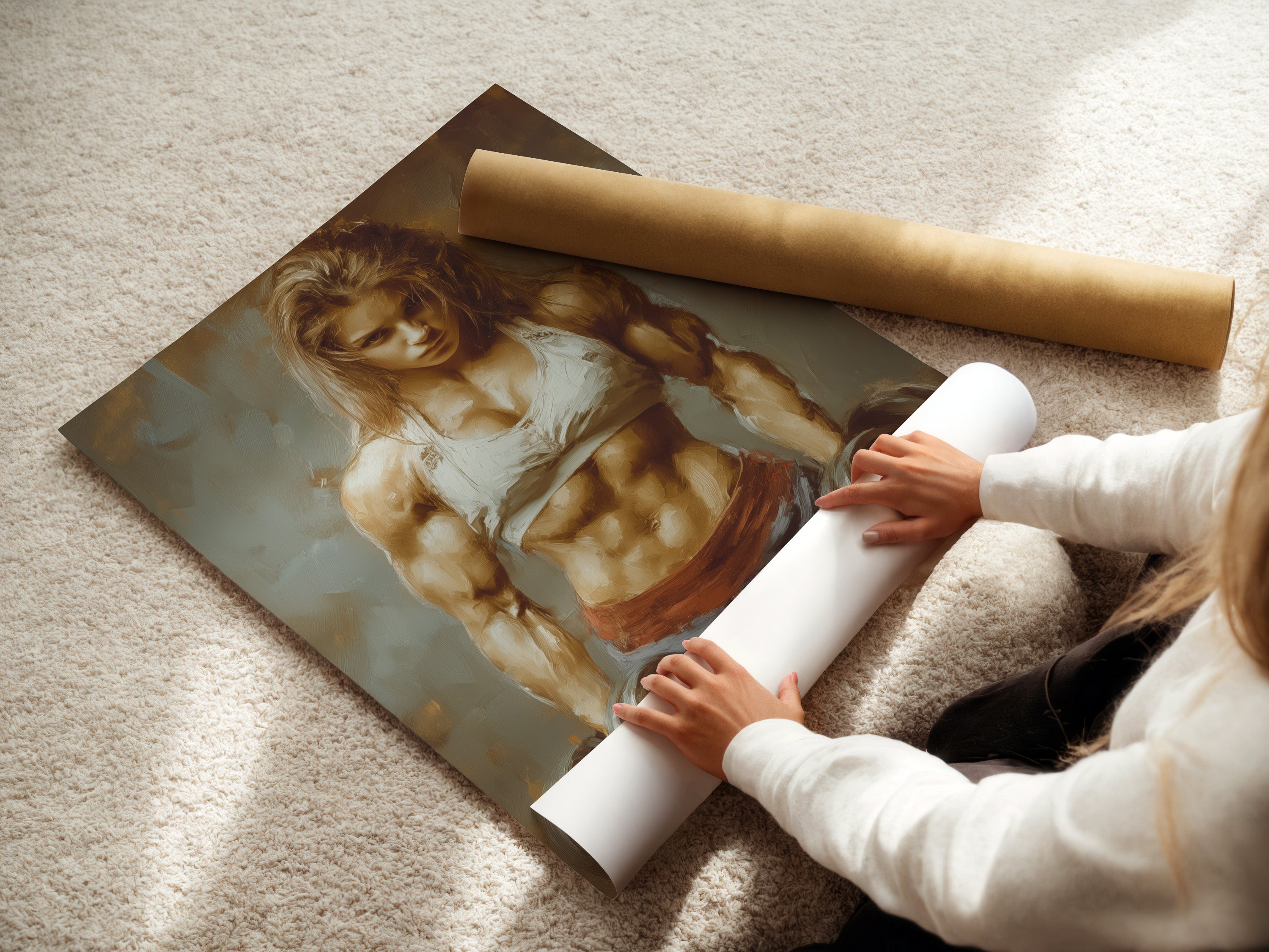A woman rolling fine art poster paper. Preparing a strong woman artwork print. Great fitness motivation wall art. This female bodybuilder poster is perfect for home gym decor. Get your motivational art today.