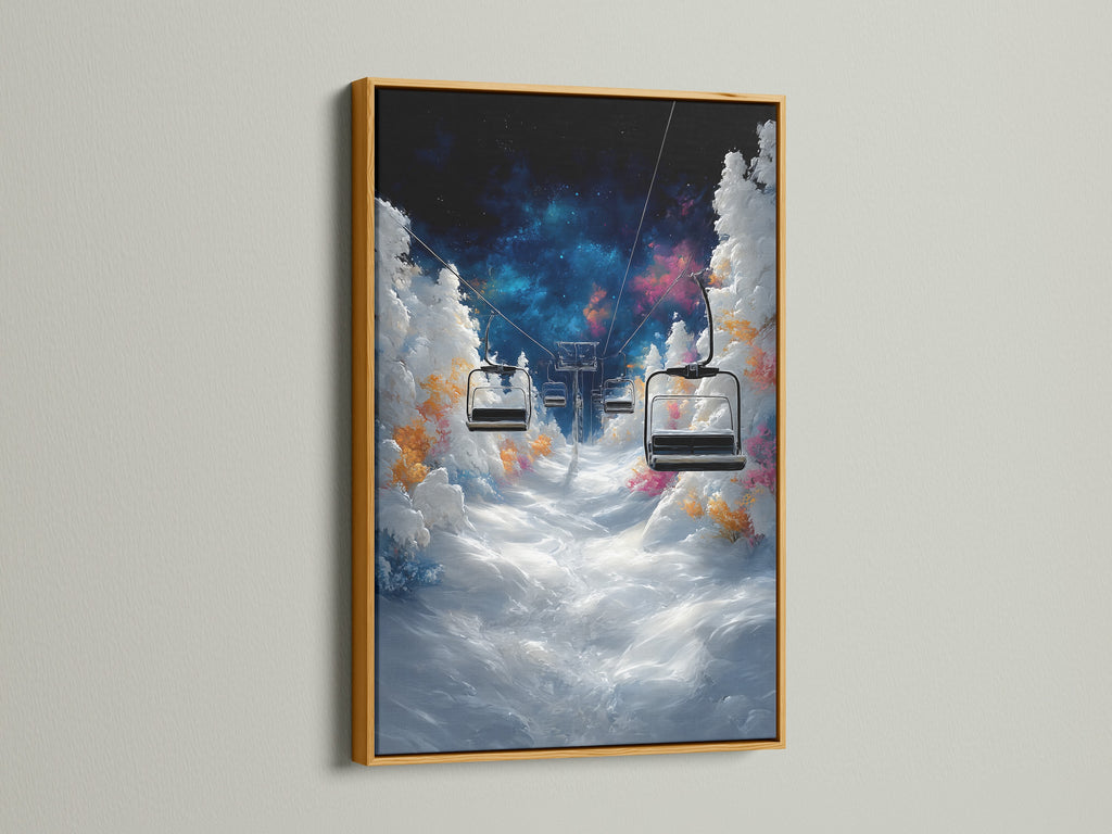 Bring a touch of luxury to your decor with this ski lift art. The gold frame enhances the artwork's beauty. This makes it a standout piece in any room. Ideal for those seeking a refined and elegant aesthetic.