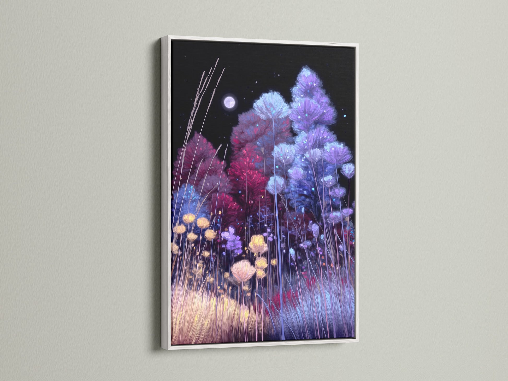 Floral Night Canvas artwork with a white frame on a light beige wall. The whimsical flower field poster enhances bedroom decor. The contemporary artwork combines indigo and violet tones. It offers a minimalist yet elegant style.