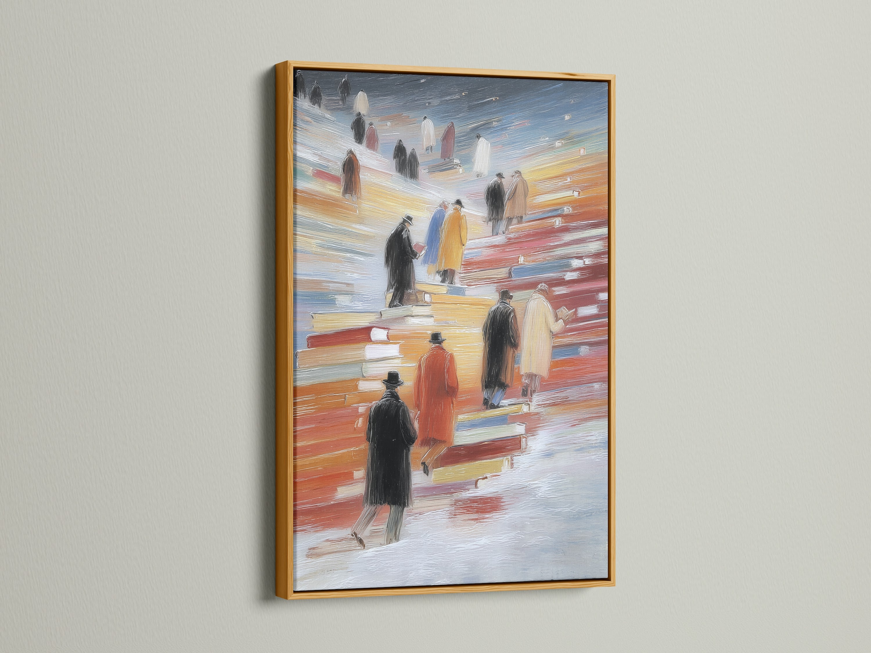Figures on Books canvas print in a luxurious gold frame. This elegant artwork brings warmth and sophistication to your living room. Ideal for creating a focal point in your home office or study room. A perfect gift for book lovers.