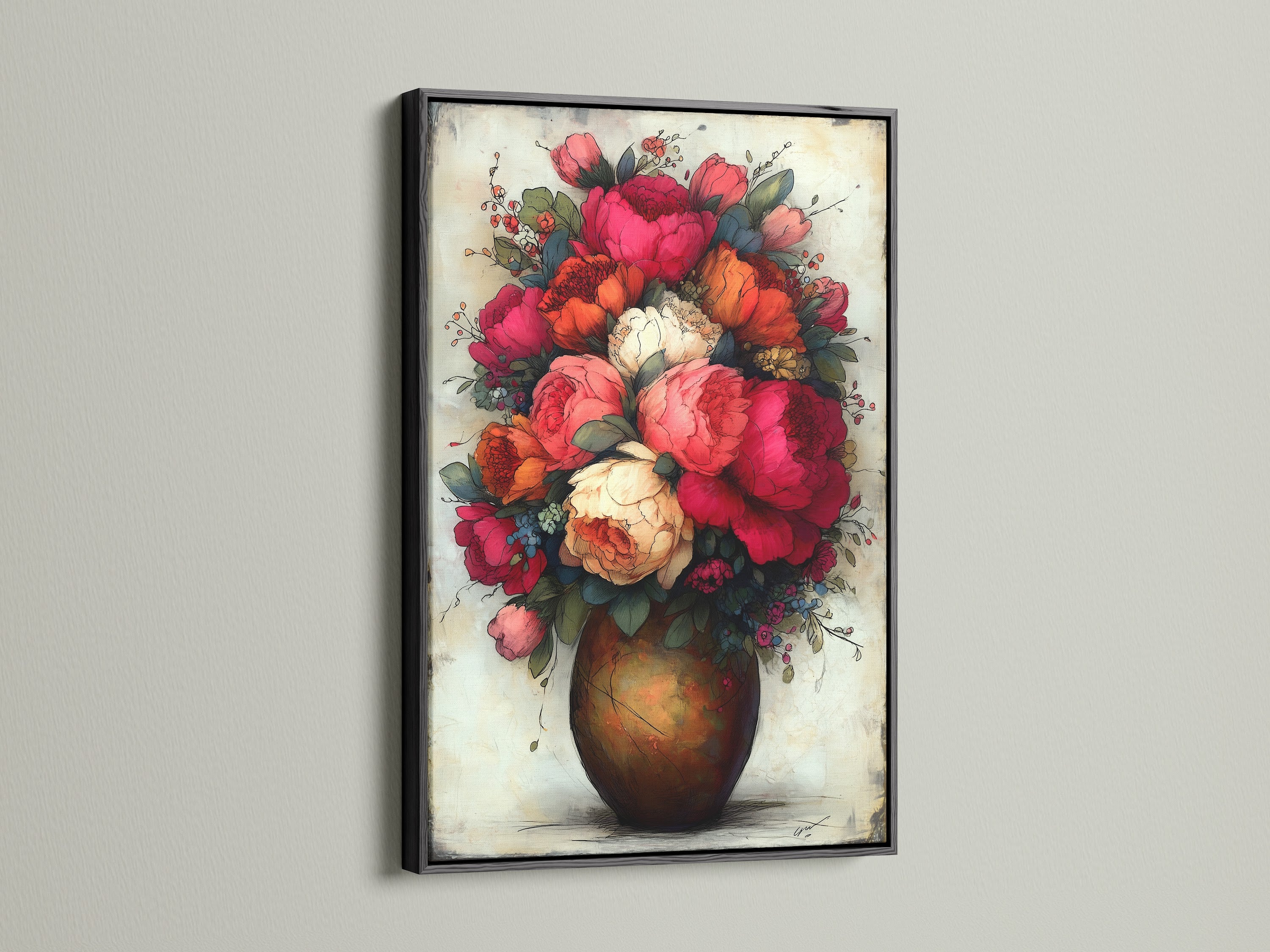 Floral bouquet art print presenting red peonies in a vintage botanical artwork style. The art is displayed in a black frame. Perfect for adding a touch of vintage floral art to your dining room. Discover our flower bouquet art now.