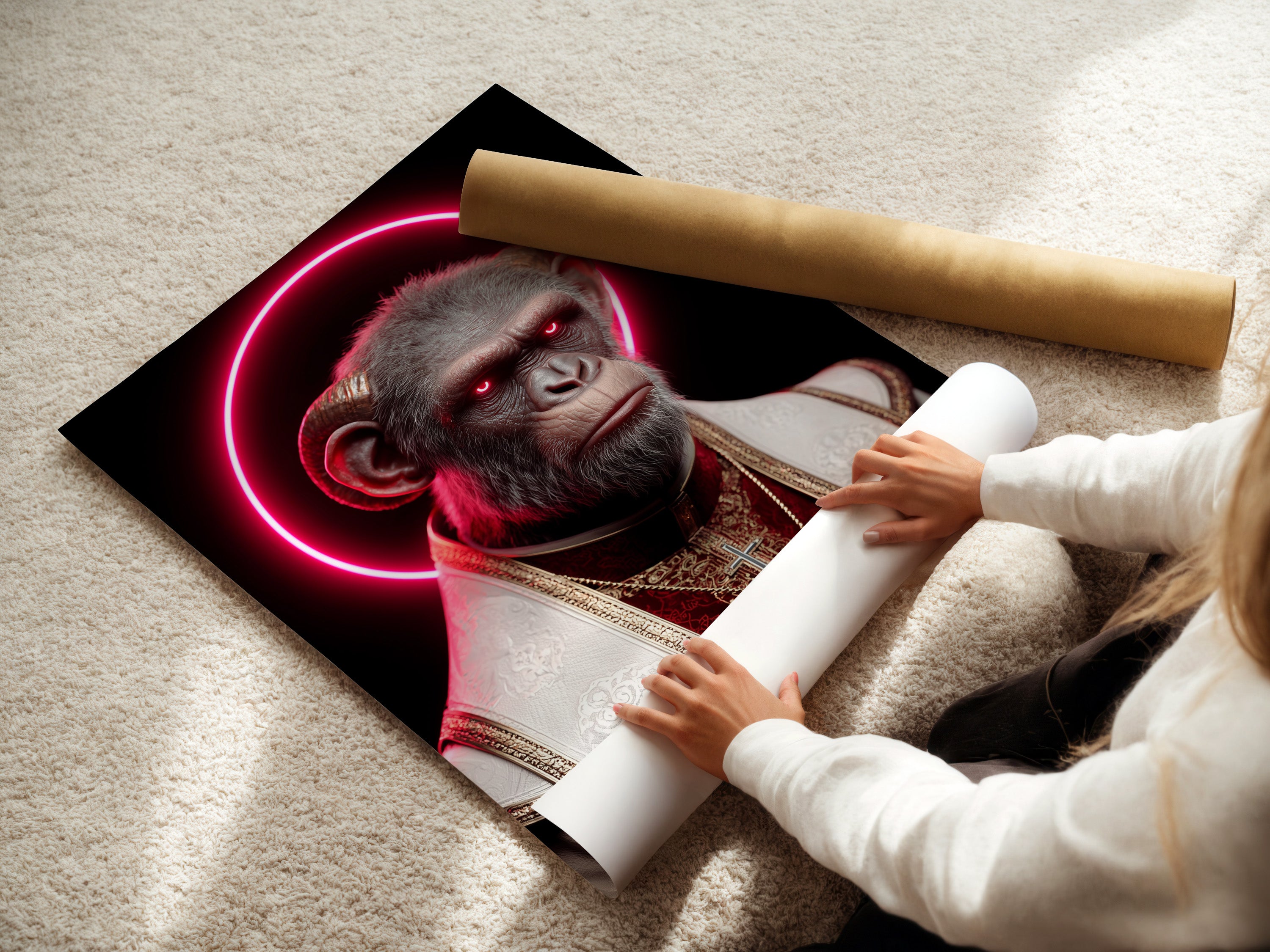 A woman rolls fine art poster paper featuring the 'Pope Monkey' design. The poster showcases surreal religious artwork. It is perfect for modern home decor. The neon halo canvas print is ready for framing. This offers a versatile wall art option.