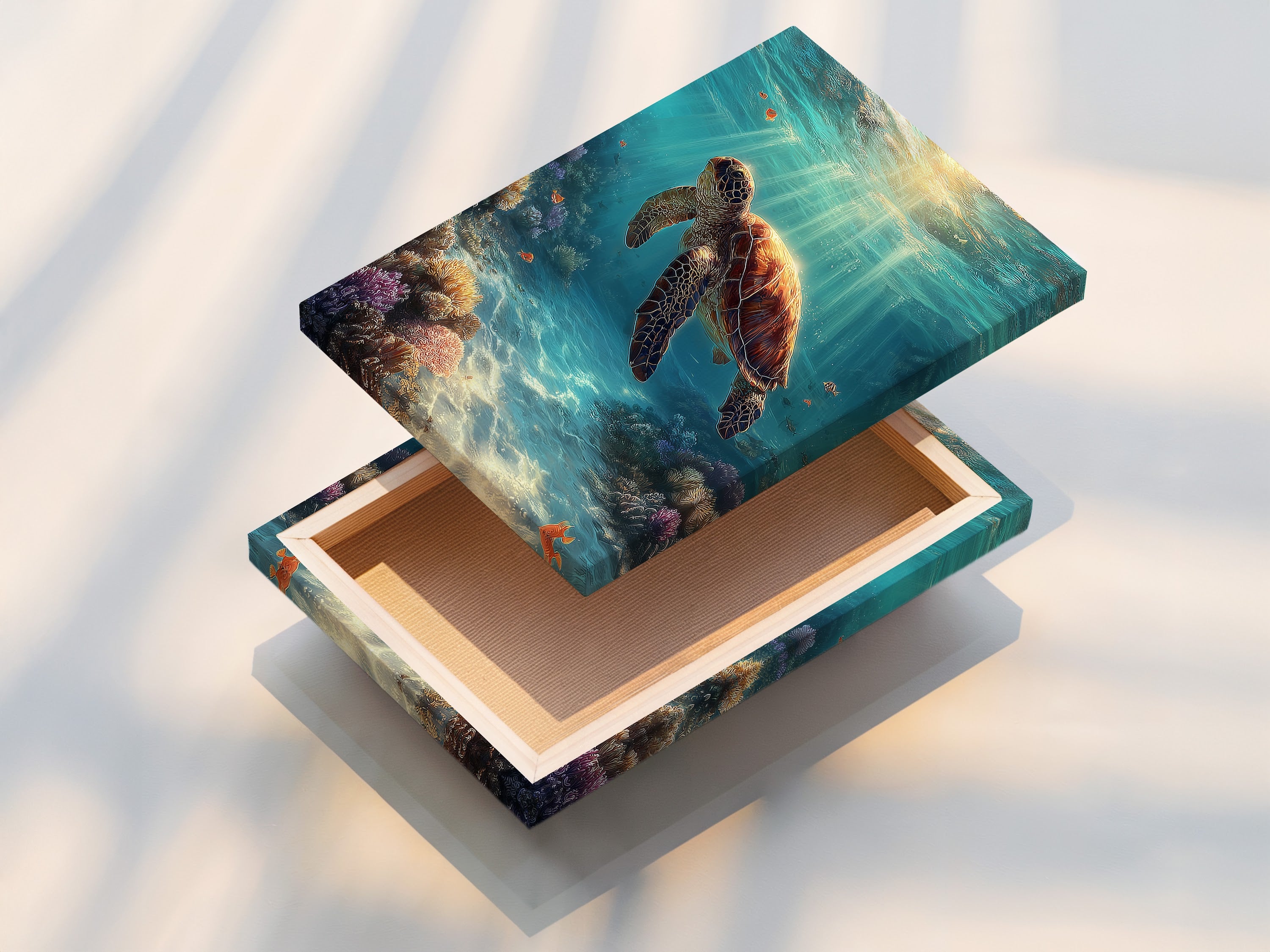 This is a stretched canvas print of sea turtle artwork. The canvas showcases vibrant underwater ocean wall art. This piece is ready to hang and transform any space. Perfect for adding coastal charm to your home.