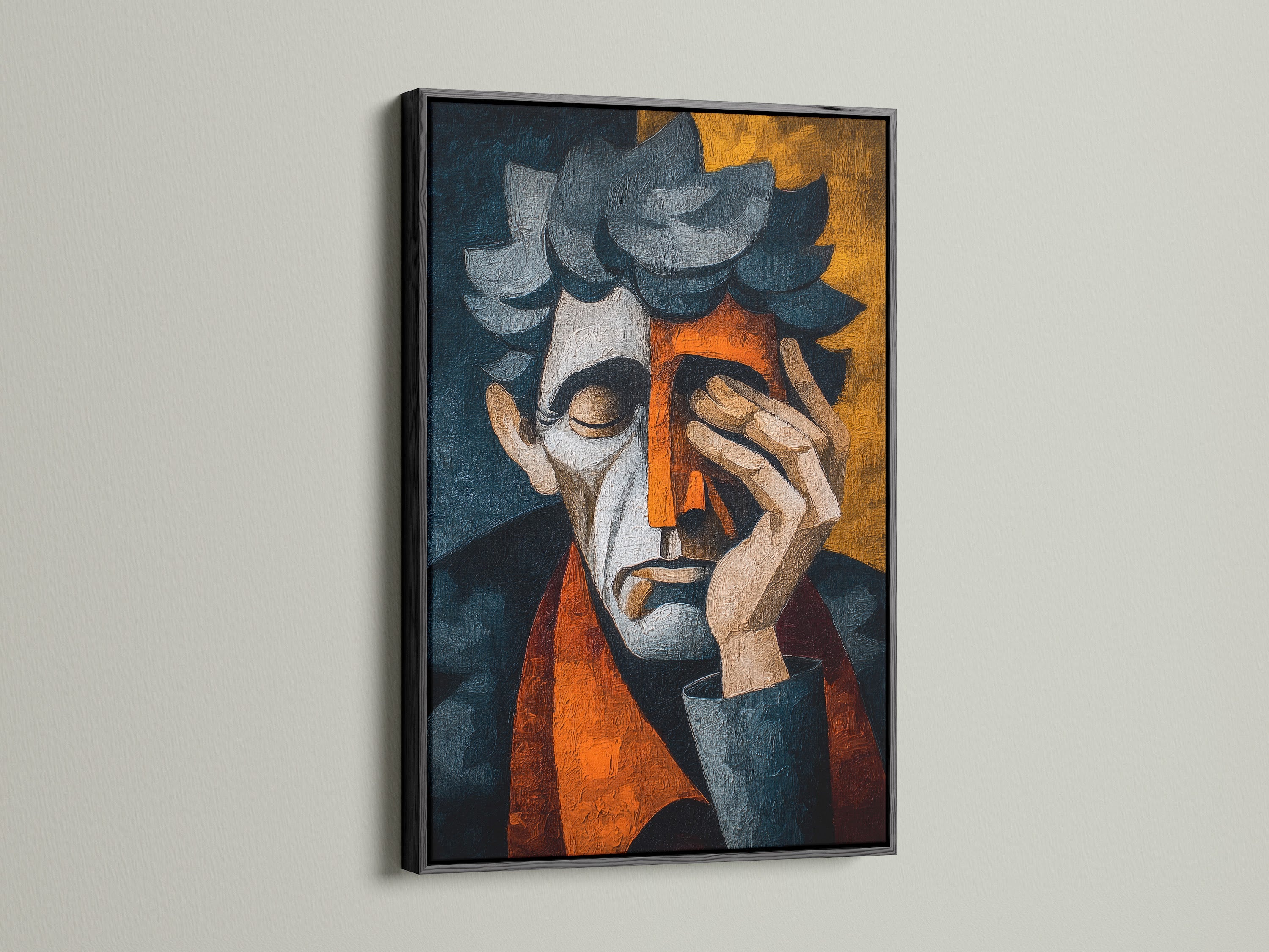 Artwork in a black frame. The black frame provides a bold contrast. This artwork is sophisticated and striking. The dark frame adds depth to the art. Perfect for creating a dramatic effect. Elevate your space with this framed artwork.