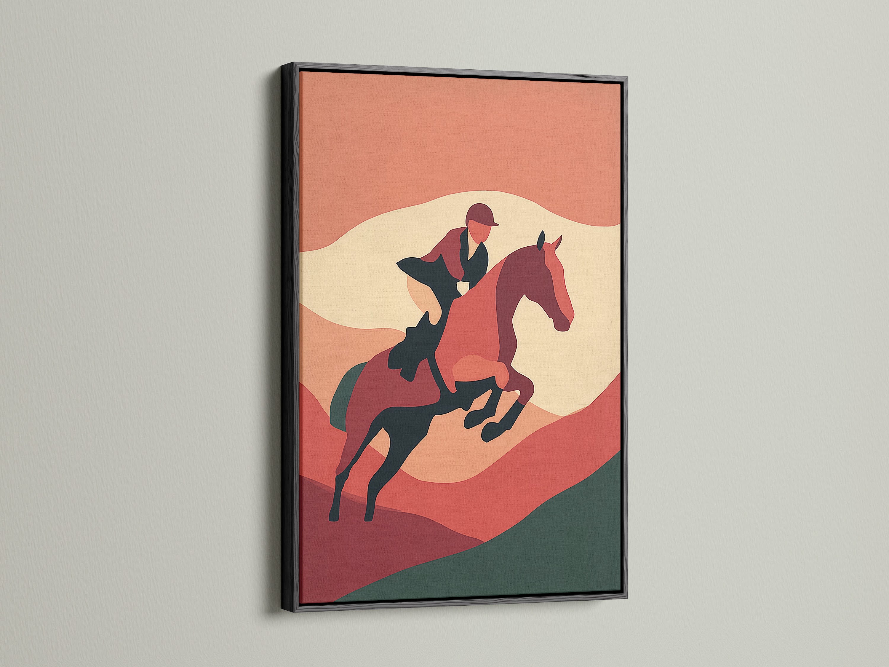 Equestrian art in a sleek black frame. The horse canvas print features vintage western art. The terracotta wall decor provides a sophisticated touch. This horse rider print is ideal for living room art. It's great for adding character to any equestrian-themed space or study room.