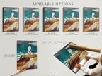 Available options are showcased including a stretched canvas print fine art poster paper and floating frame. The lighthouse coastal artwork can be tailored to your preferences. Select the perfect format for this nautical seascape print. Customize your ocean painting to match your unique style. Explore the possibilities for your coastal artwork today.