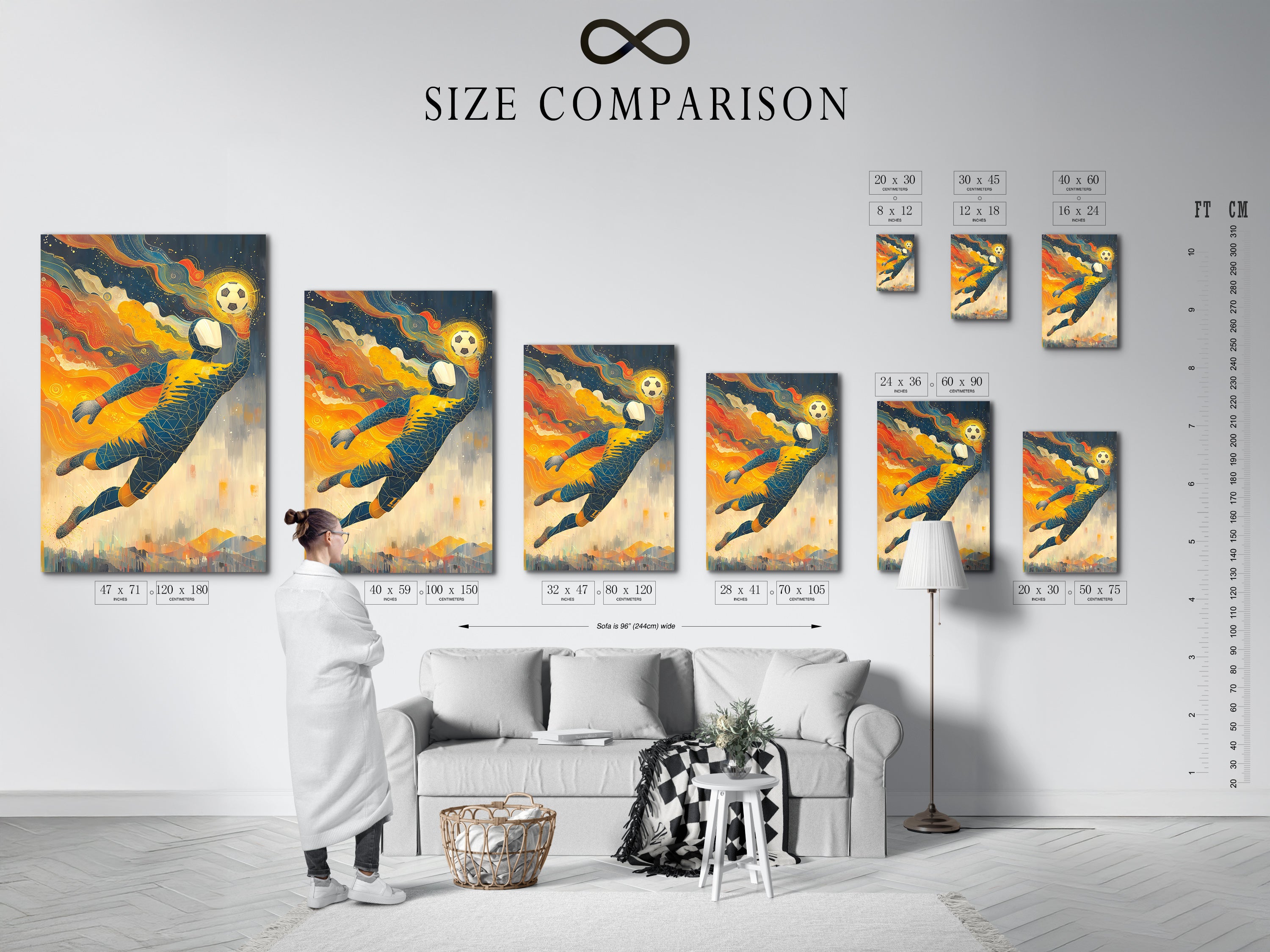 A size comparison chart is displayed in an interior setting. See how different sizes of the soccer goalkeeper artwork fit. This sports wall decor is perfect for any space. Choose the ideal size for your football player poster. This athletic artwork will make a statement.