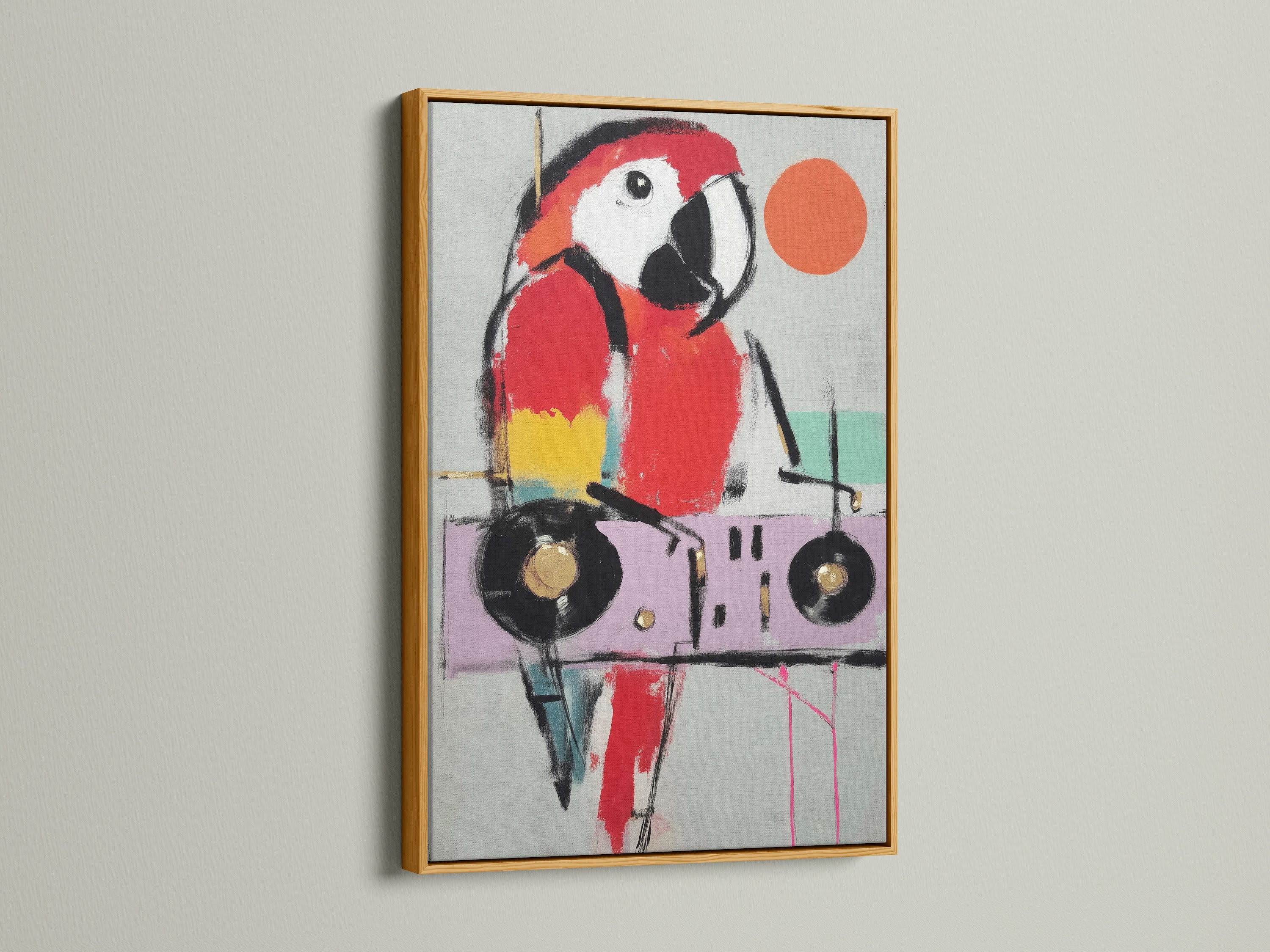 A gold frame highlights the modern parrot artwork. The colorful abstract animal artwork adds a touch of luxury. This bird canvas print is perfect for vibrant wall decor. It's ideal for eclectic styles. This parrot artwork brings a contemporary flair to any room. A perfect gift for bird lovers.