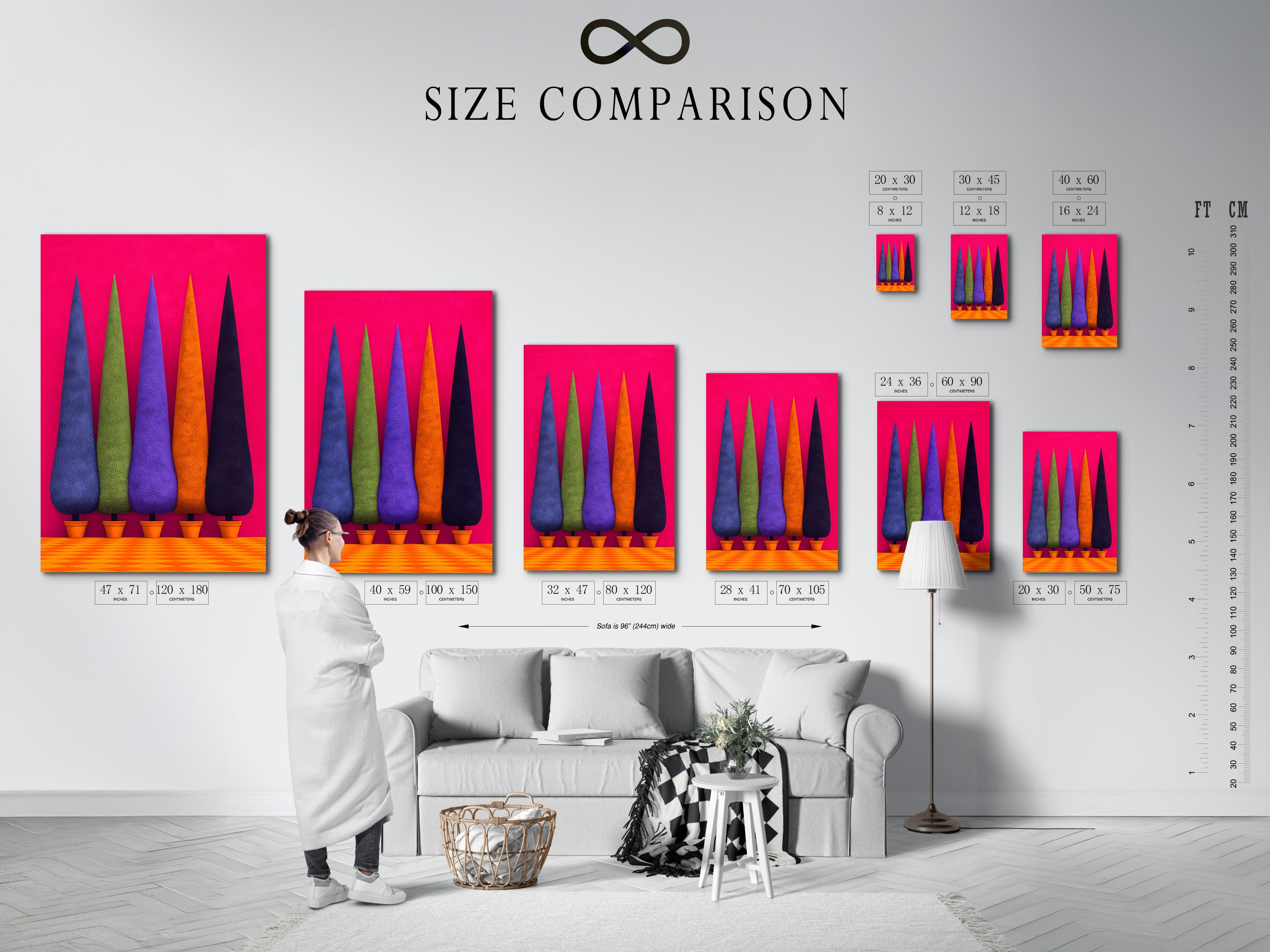 Size comparison chart in an interior setting displaying Cypress Tree artwork. This modern wall art is a colorful plant poster. It's perfect for home office decor. Visualize garden art in your space.