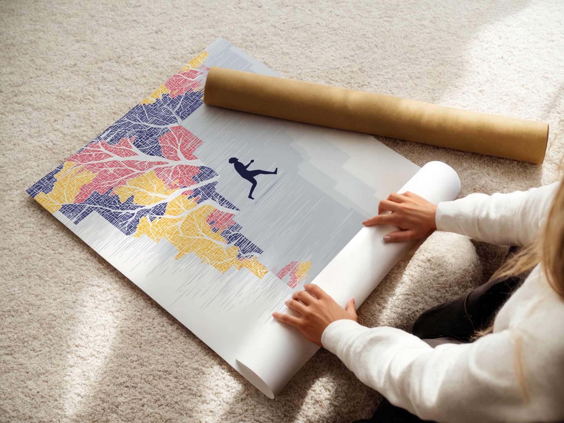 A woman is carefully rolling a fine art poster paper of the Running Man artwork. This abstract art print is perfect for modern spaces. Get inspired with motivational office artwork. The teal and orange design elevates home decor.