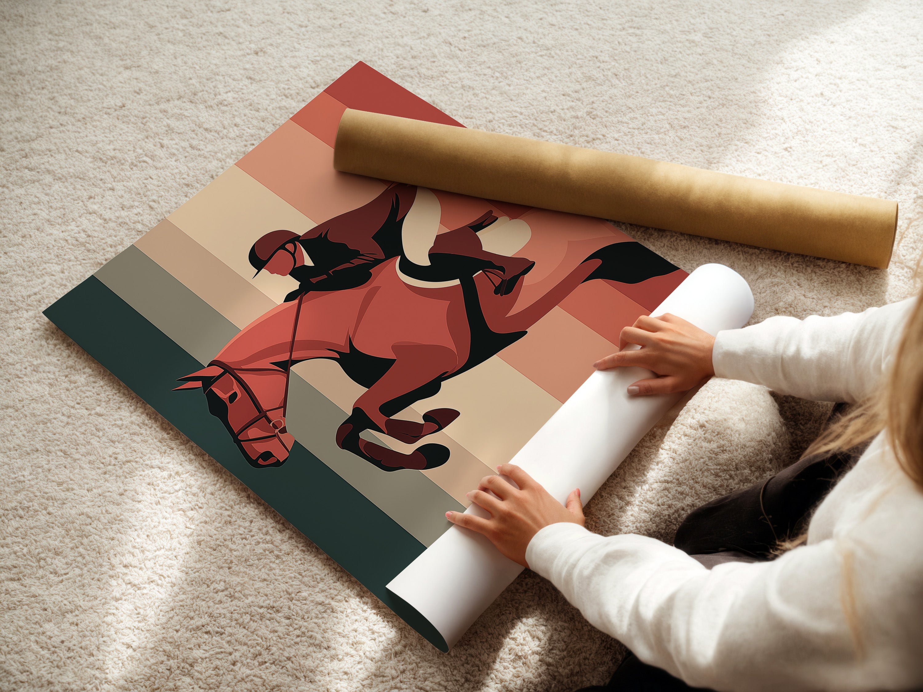 A woman is rolling a fine art poster paper. She is preparing it for framing or display. The paper is high-quality and ready for your favorite artwork. Fine art paper offers a professional touch. It ensures longevity and vibrancy for your prints.