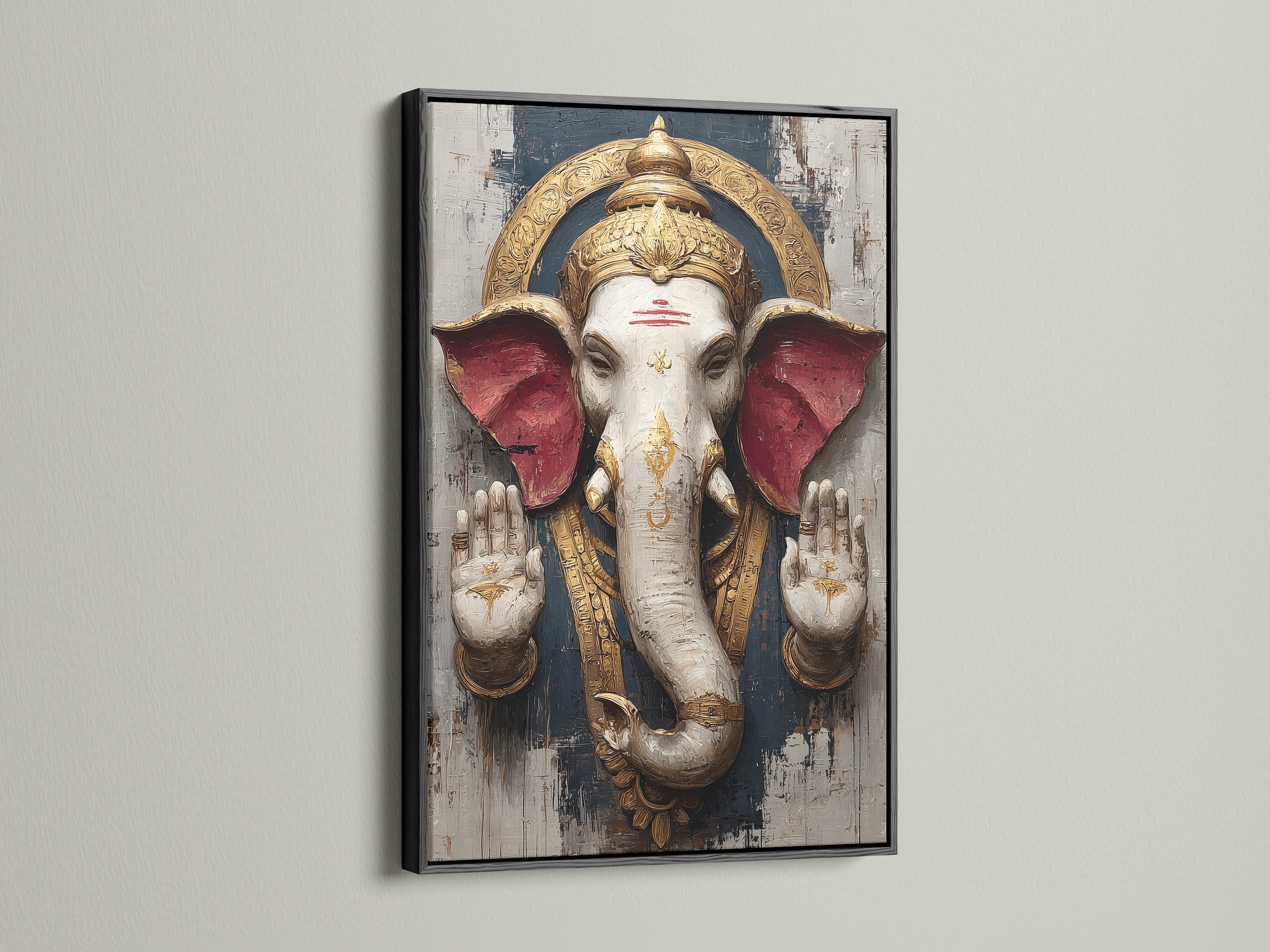 Ganesha Wall Art is striking in a black frame. This Hindu Elephant God canvas print is excellent spiritual wall art. It provides bohemian decor for any setting. It is ideal for meditation rooms and yoga studios. The art makes a statement.