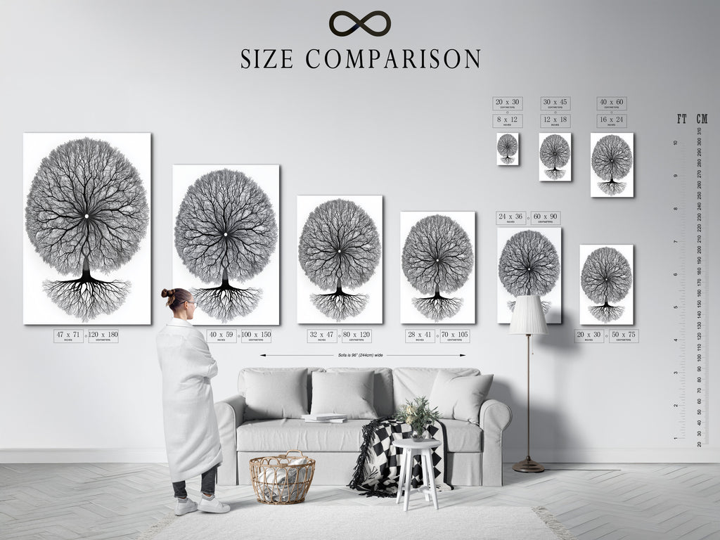 A size comparison chart of the Tree of Life artwork in an interior setting. This helps visualize the artwork's scale. It ensures the perfect fit for your space. Available in various sizes to suit any room.