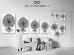 A size comparison chart of the Tree of Life artwork in an interior setting. This helps visualize the artwork's scale. It ensures the perfect fit for your space. Available in various sizes to suit any room.