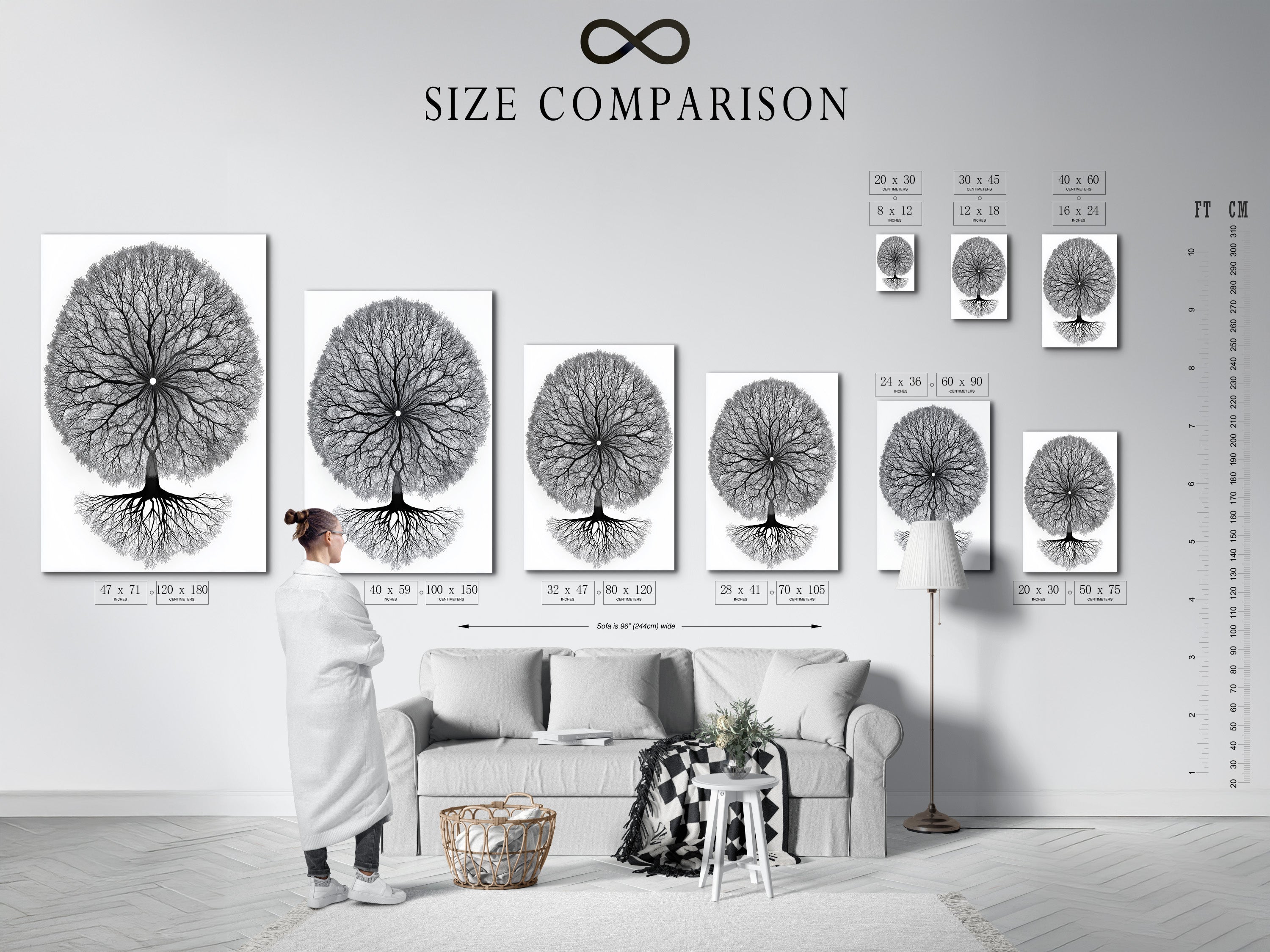 A size comparison chart of the Tree of Life artwork in an interior setting. This helps visualize the artwork's scale. It ensures the perfect fit for your space. Available in various sizes to suit any room.