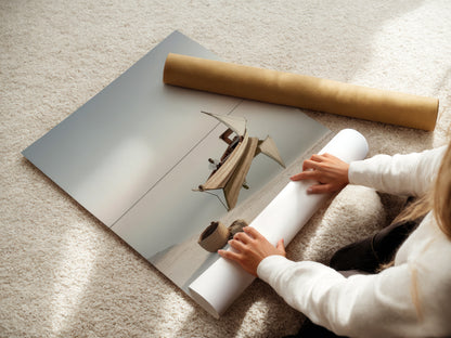 A woman carefully rolls a fine art poster paper. This high-quality paper ensures your nautical print looks its best. Perfect for showcasing the details of the sailboat art. Get ready to display your serene artwork.