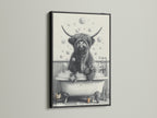 A highland cow art print is showcased in a black frame. This animal canvas art suits farmhouse decor. It's a funny animal art piece for unique wall art. A perfect addition to restroom wall decor. Enjoy this scottish cow art.