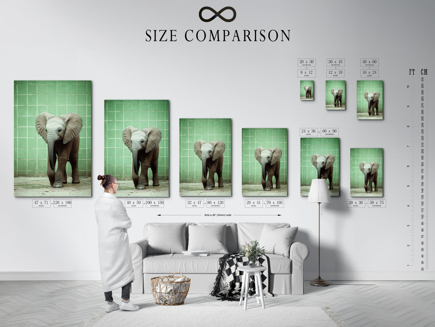 Size comparison chart in a styled interior featuring the Baby Elephant canvas print. Choose the perfect size for your space with our easy to use chart. Find the ideal animal canvas for your needs. Create a stunning gallery wall.