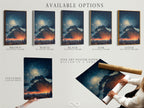 Available options for the Swirling Sky artwork. Choose from a stretched canvas print fine art poster paper or a floating frame. Each option offers a unique way to display this Van Gogh style cityscape. Select the perfect format to match your style. Enjoy this dramatic cloud artwork.