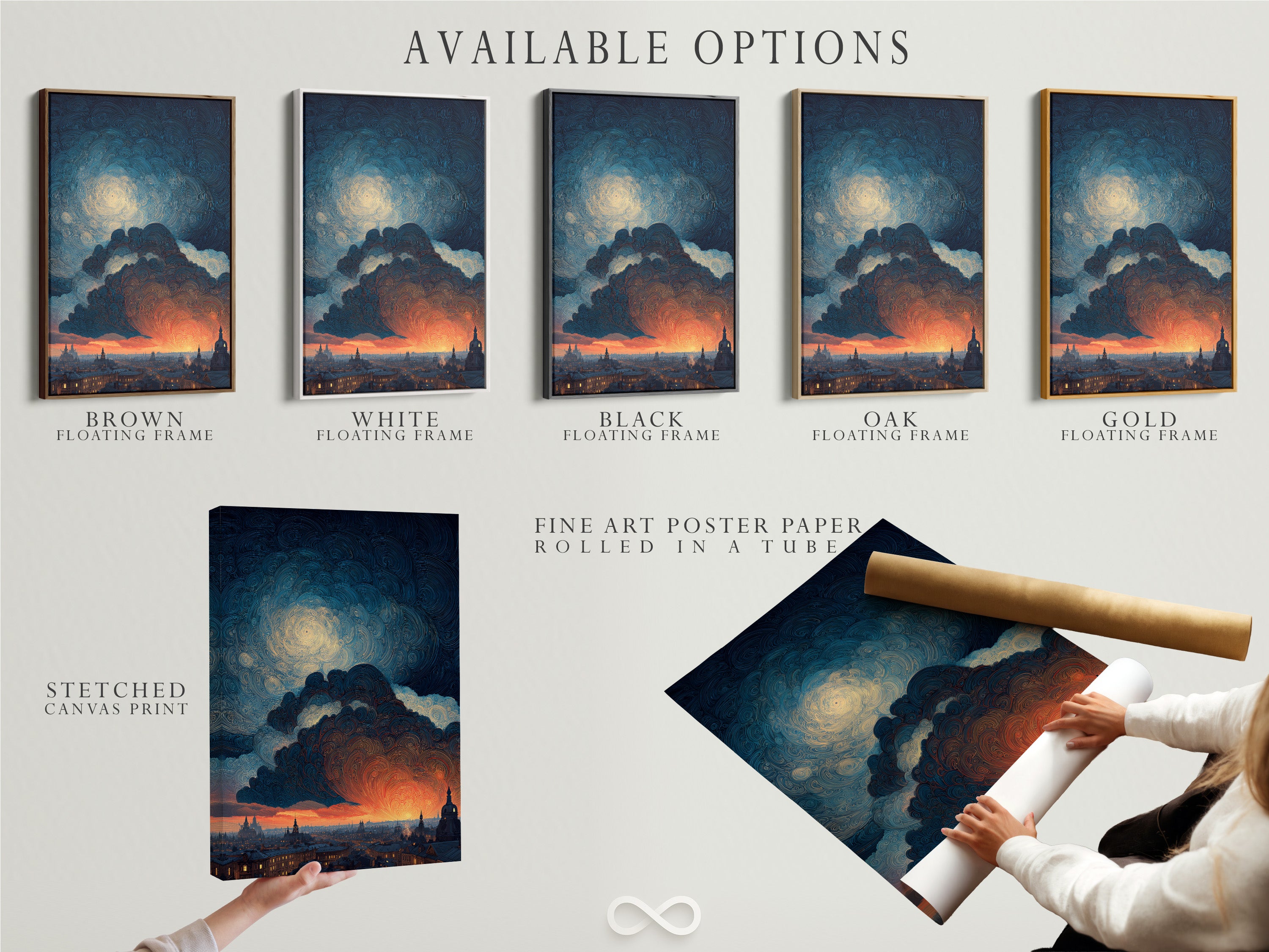 Available options for the Swirling Sky artwork. Choose from a stretched canvas print fine art poster paper or a floating frame. Each option offers a unique way to display this Van Gogh style cityscape. Select the perfect format to match your style. Enjoy this dramatic cloud artwork.