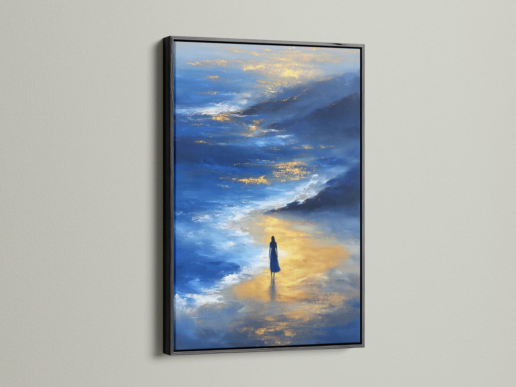 The Ocean Reflection Canvas Art is presented in a sleek black frame. The frame enhances the blue and gold abstract seascape print. This artwork provides a modern coastal touch to any space. Perfect for creating a tranquil and stylish atmosphere.