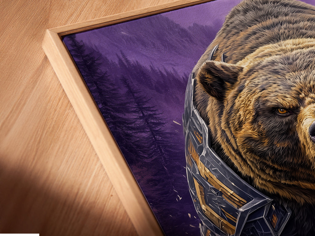 Close up angled view of a canvas print featuring a Grizzly Bear in a floating frame. Fantasy wildlife art displaying a bear in armor against a purple mountain backdrop. Enhance your man cave or adventure themed room.