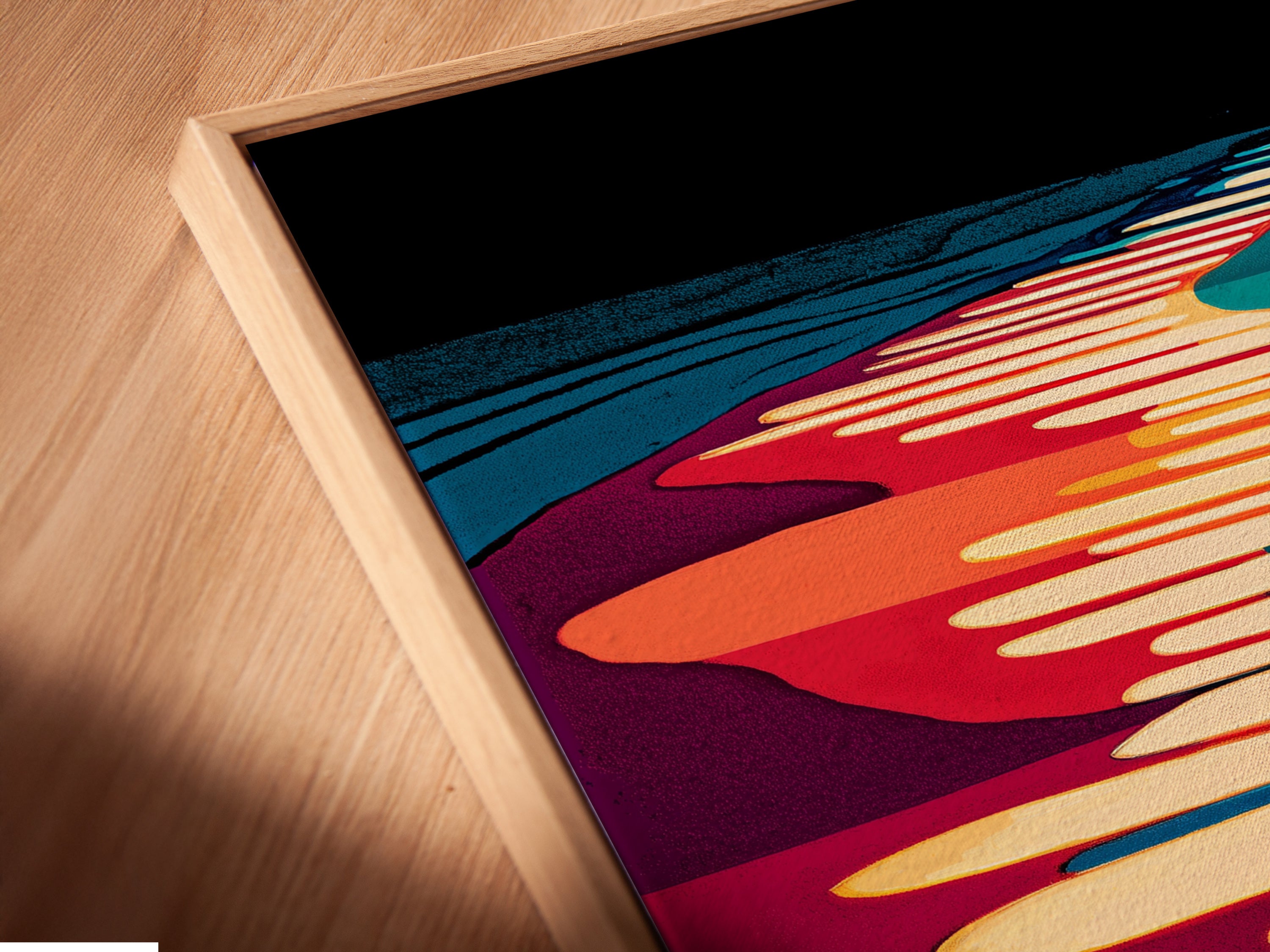 A close-up of a canvas print in a floating frame. This abstract pathway artwork adds a modern touch. The geometric print features vibrant colors. Perfect as modern canvas art for any space. Enhance your home wall decor. Explore our abstract artwork.