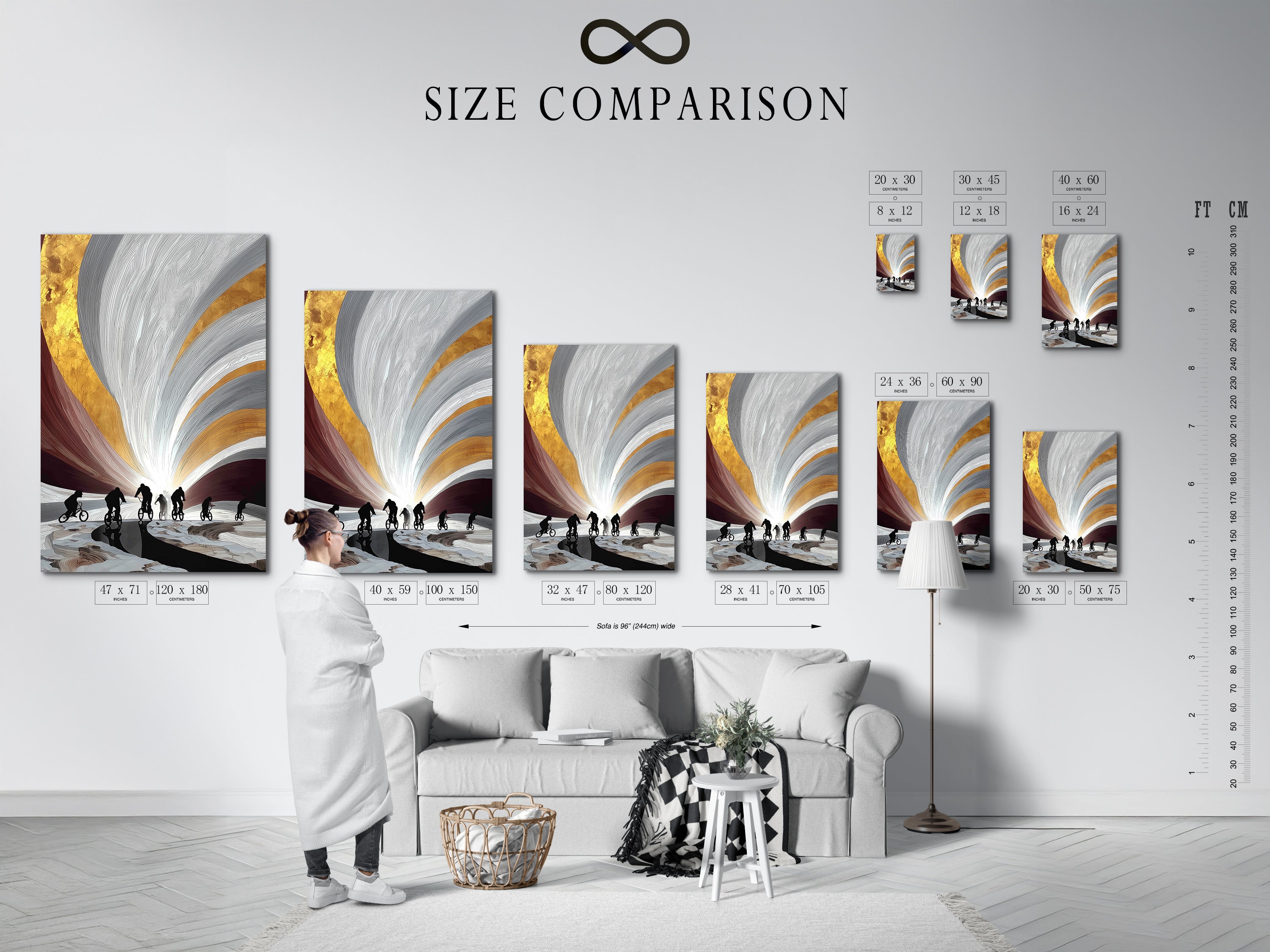 Size comparison chart in an interior setting. See how our cyclist artwork fits in your space. Visualize the impact of this modern art in different room sizes. Plan your wall decor with confidence.