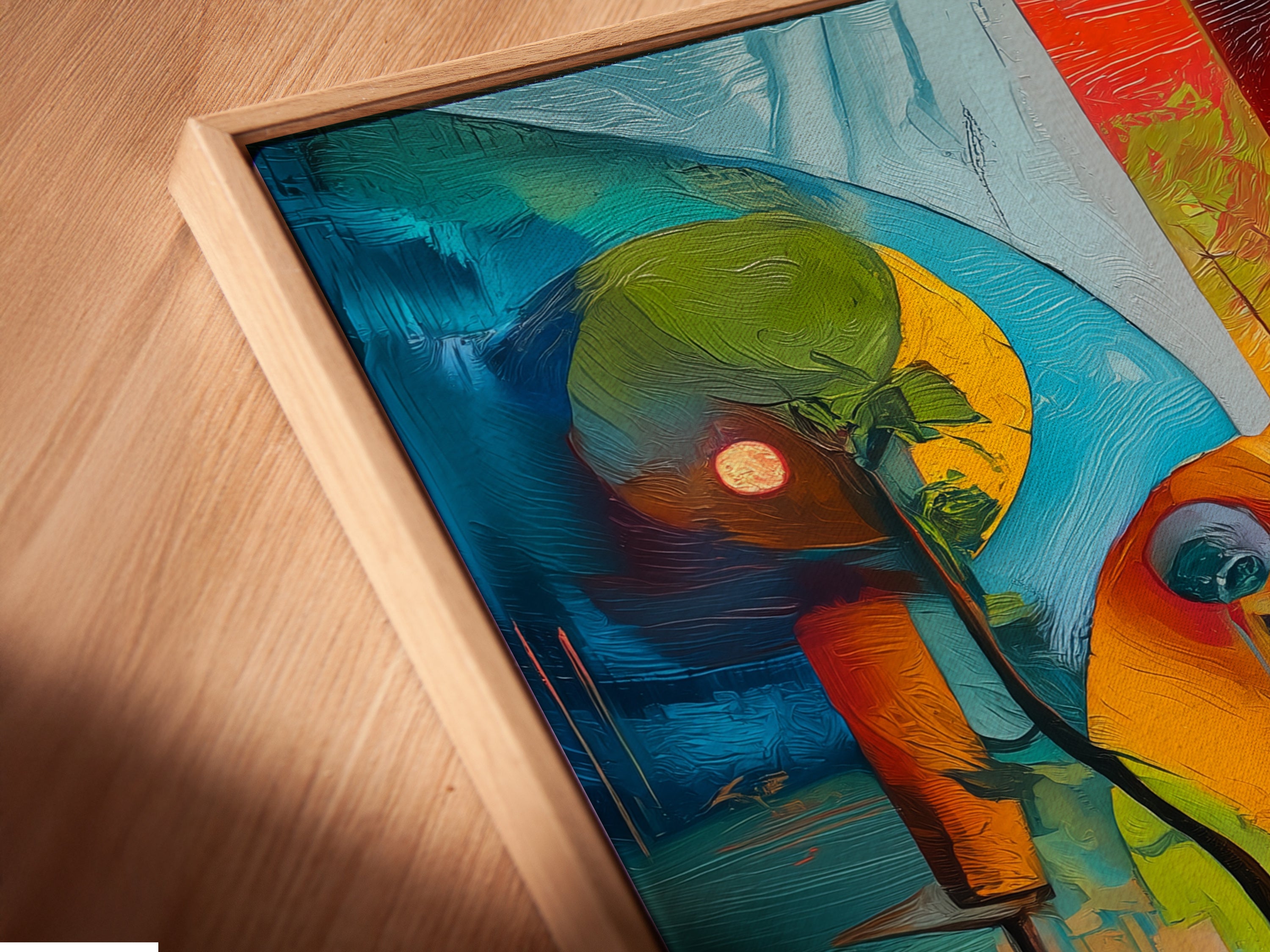 Angled close-up of a canvas print in a floating frame. Teal and orange geometric abstract artwork. Elevate your decor with this modern piece. Perfect for adding a contemporary touch. This vibrant art print enhances any space. It's ideal for modern spaces and art collectors.