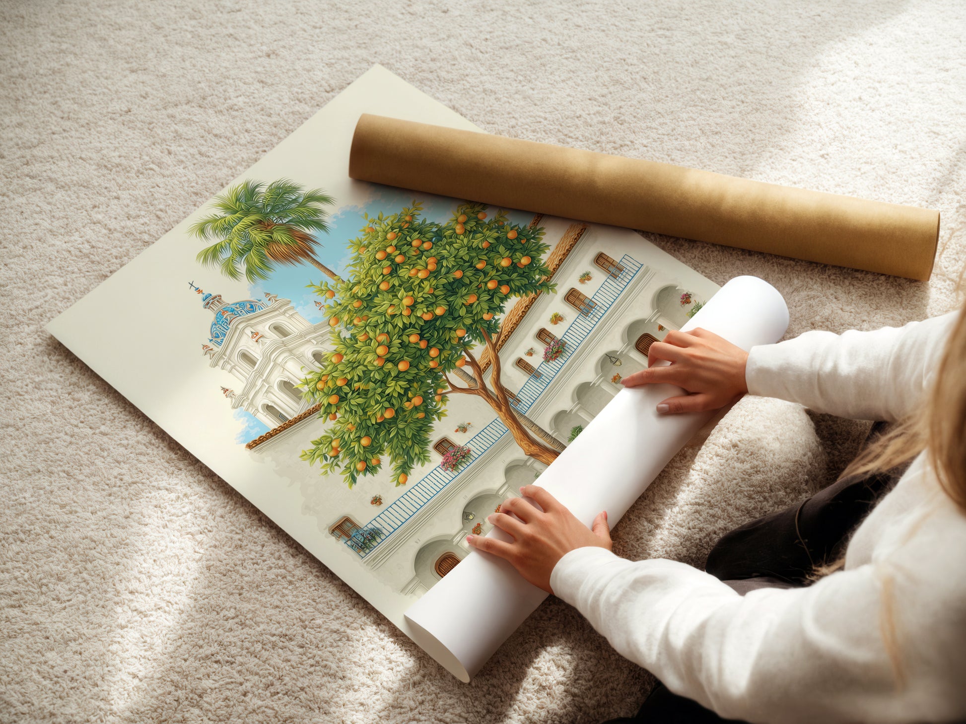 A woman is carefully rolling a fine art poster paper featuring the Spanish Courtyard artwork. The artwork includes a white building with a blue dome and an orange tree. Fine art poster paper ensures high-quality reproduction. Perfect for collectors and art enthusiasts.