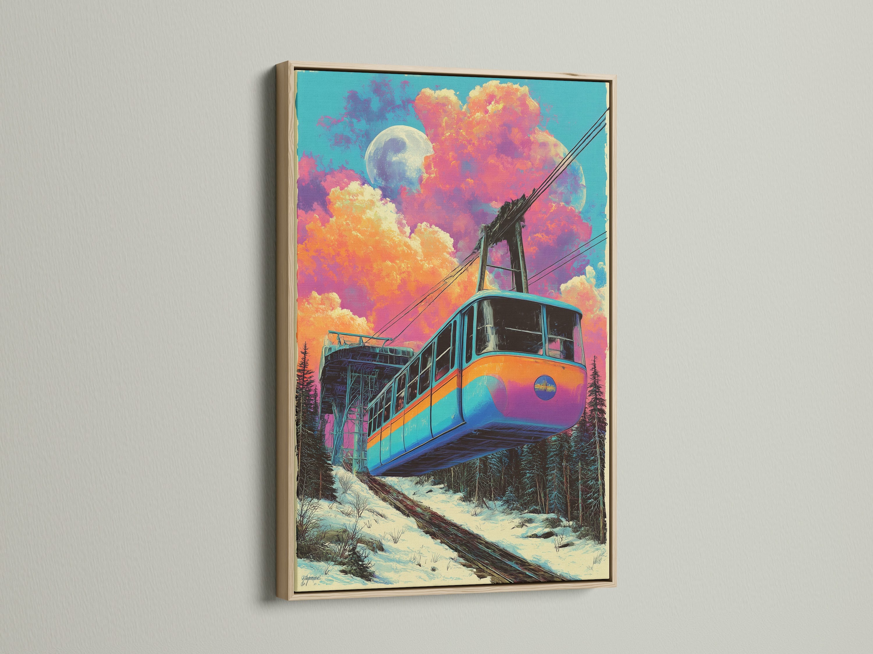 Retro cable car artwork with an oak frame. This vintage ski lift print brings a nostalgic touch to any room. The colorful mountain railway art complements retro decor. This transport artwork is ideal for living rooms and ski lodges.