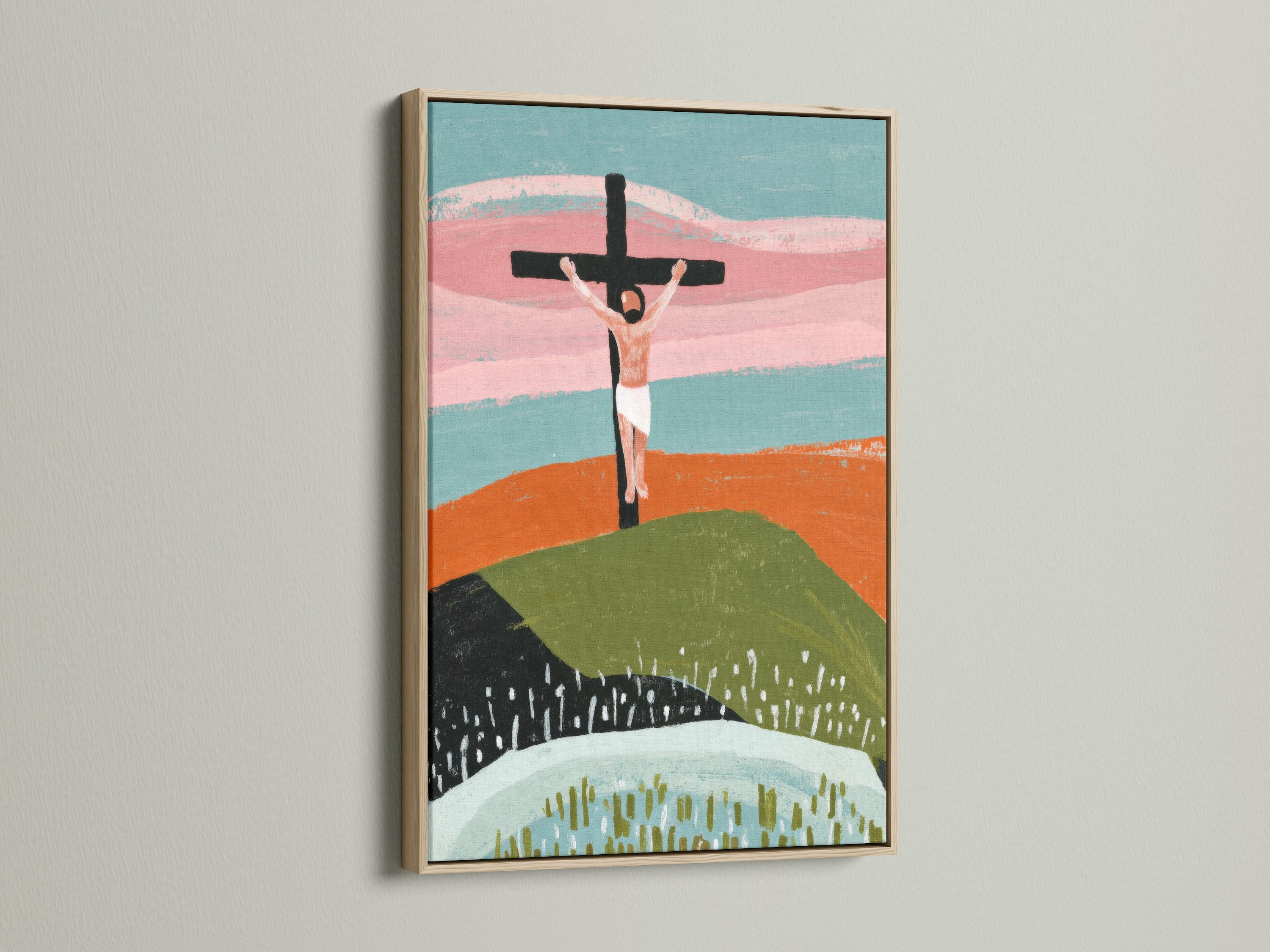 Abstract art print of Jesus Christ on the cross in an oak frame. The oak frame has a natural wood grain. This frame adds warmth and texture to your artwork. The oak frame enhances the visual appeal of your artwork.