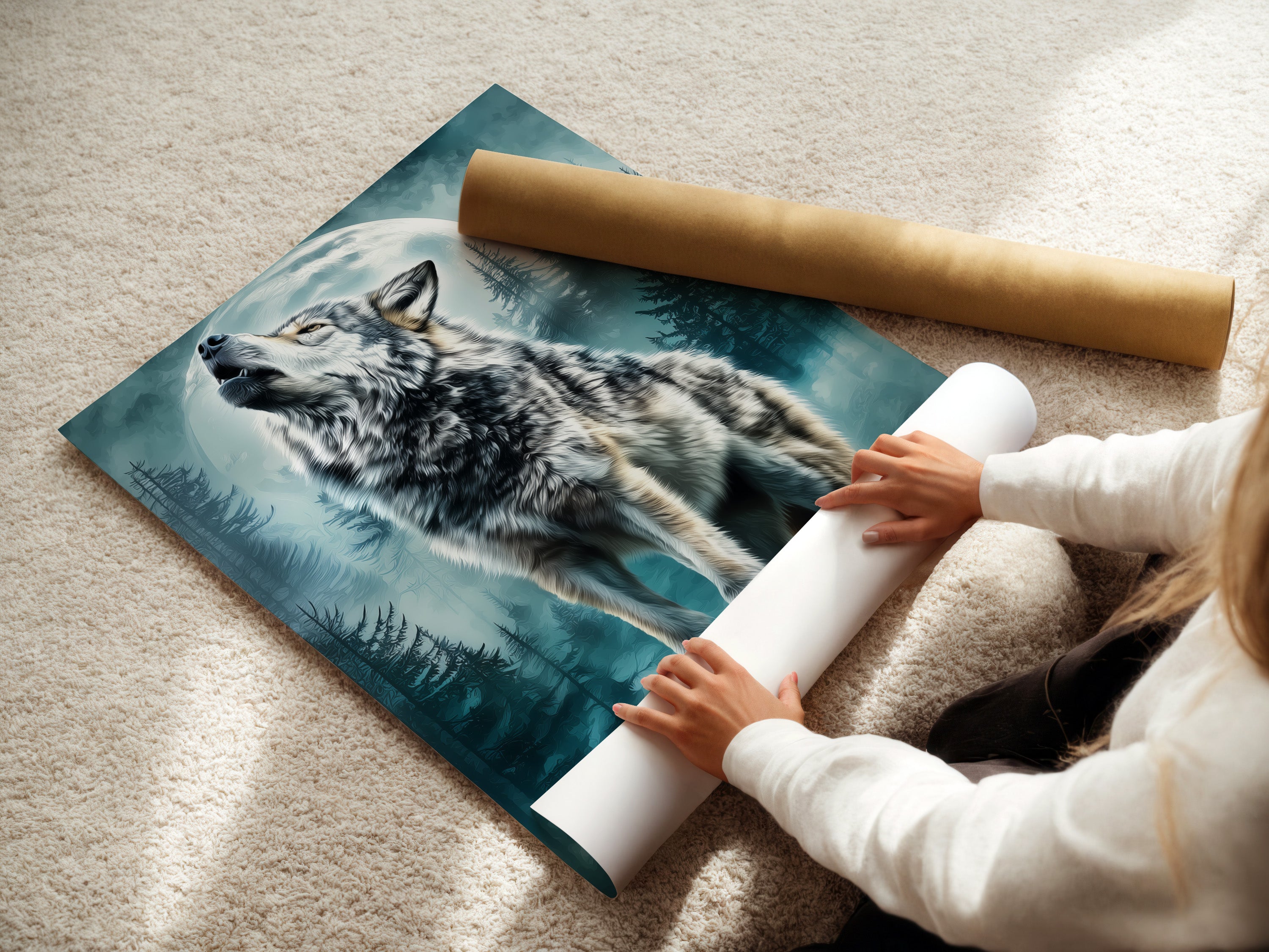 A woman carefully rolls a fine art poster paper. The paper is high-quality. It protects the artwork during handling. Ensure your art arrives in perfect condition. Discover fine art poster options for your home.