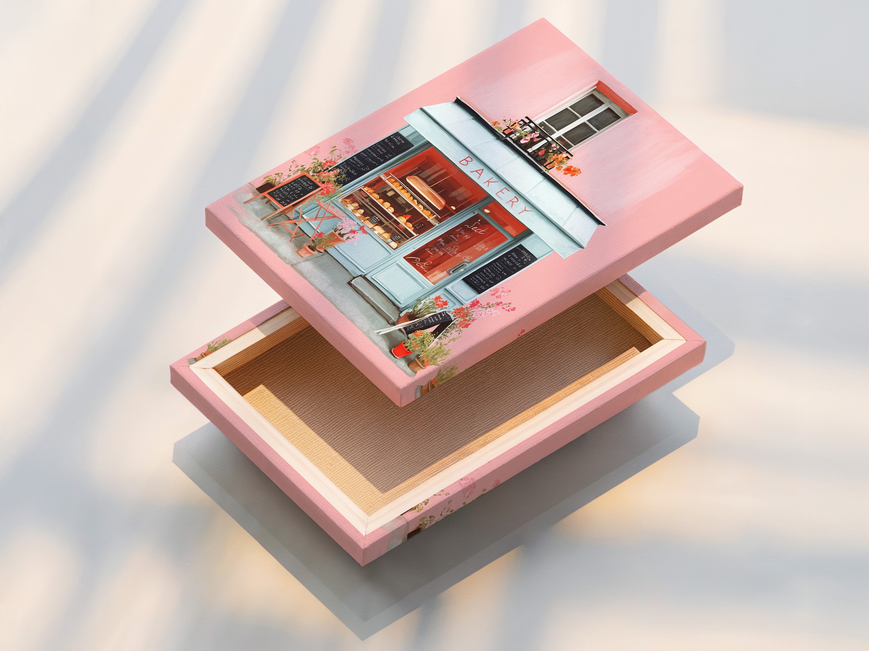 A stretched canvas print featuring a bakery with pink walls and blue accents. The canvas is stretched for a gallery-wrapped look. This print offers a high-quality reproduction of the artwork. It is ready to hang. It will add a touch of charm to any space.