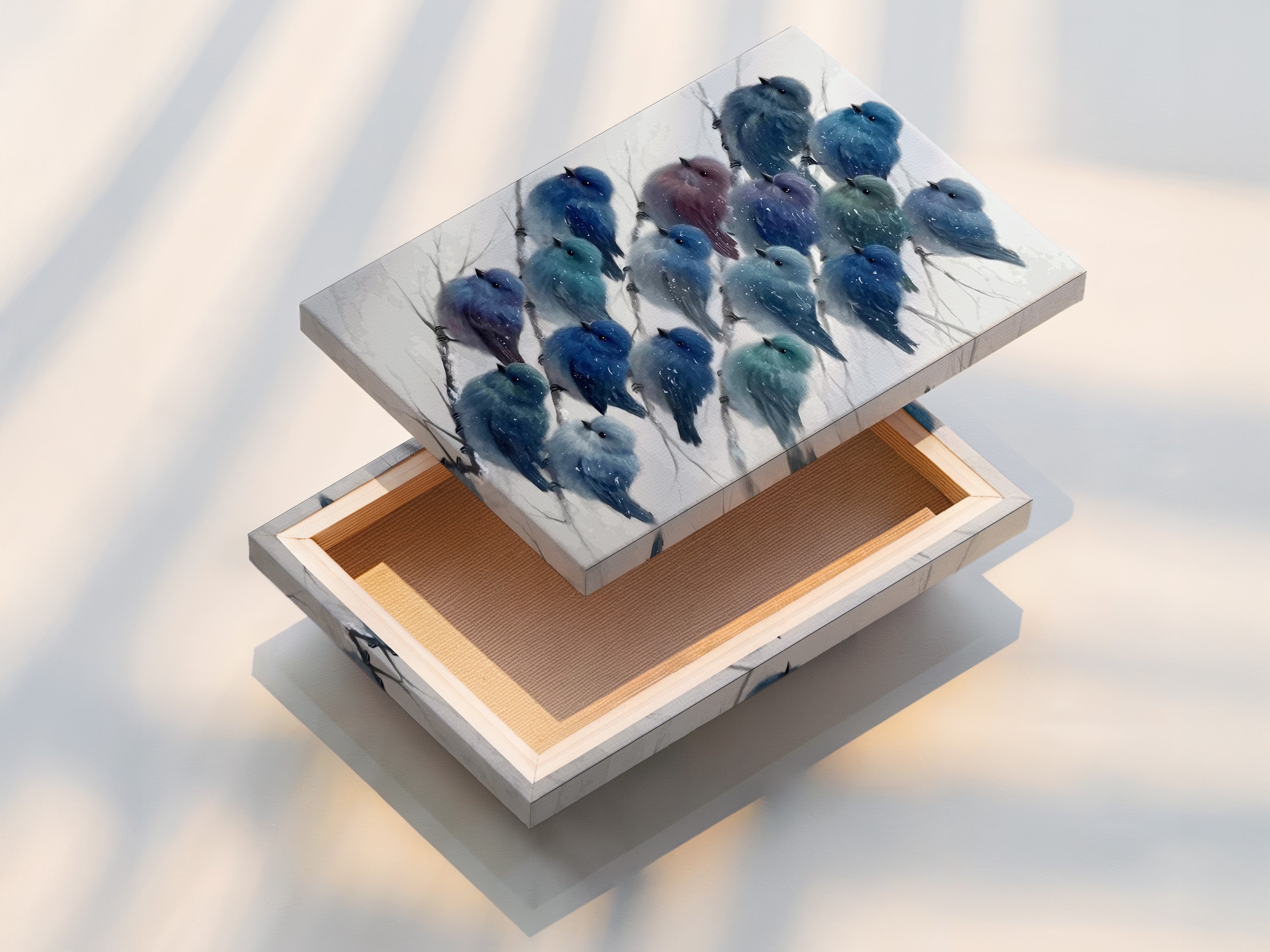 This stretched canvas print features bluebird artwork. The winter bird art is ready to hang. The teal and indigo bird art complements various decor styles. The snowy artwork enhances living rooms and nurseries.