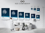This size comparison chart in an interior shows various canvas print sizes. See how the tropical palm tree art fits your space. Navy blue beach canvas print for any room.