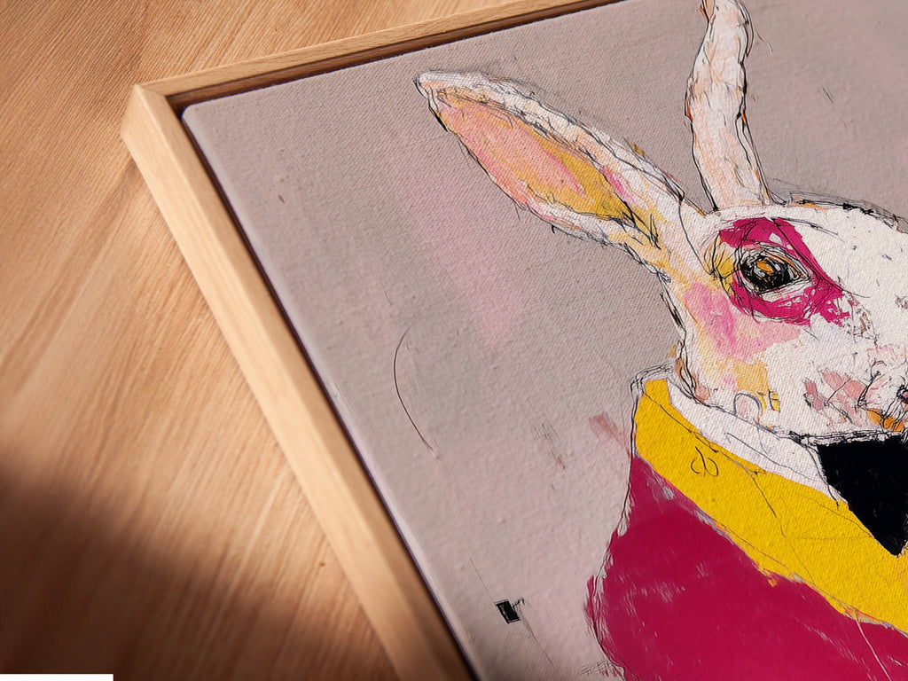 Angled close-up of a Rabbit Pianist canvas print in a floating frame. This contemporary mixed media artwork adds artistic charm to any room. Perfect for music enthusiasts seeking quirky wall decor. Explore this modern animal art now.