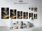 Size comparison chart in an interior setting. It shows various artwork sizes. The chart helps visualize artwork dimensions. This chart is useful for planning home decor. This chart helps decide the perfect size. This will help you make the right choice for your art.