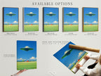 Explore the available options for our UFO artwork. Choose from stretched canvas prints or fine art poster paper. Consider a floating frame for a modern look. Find the perfect format for your retro space art. Enhance your space with our sci-fi decor today.