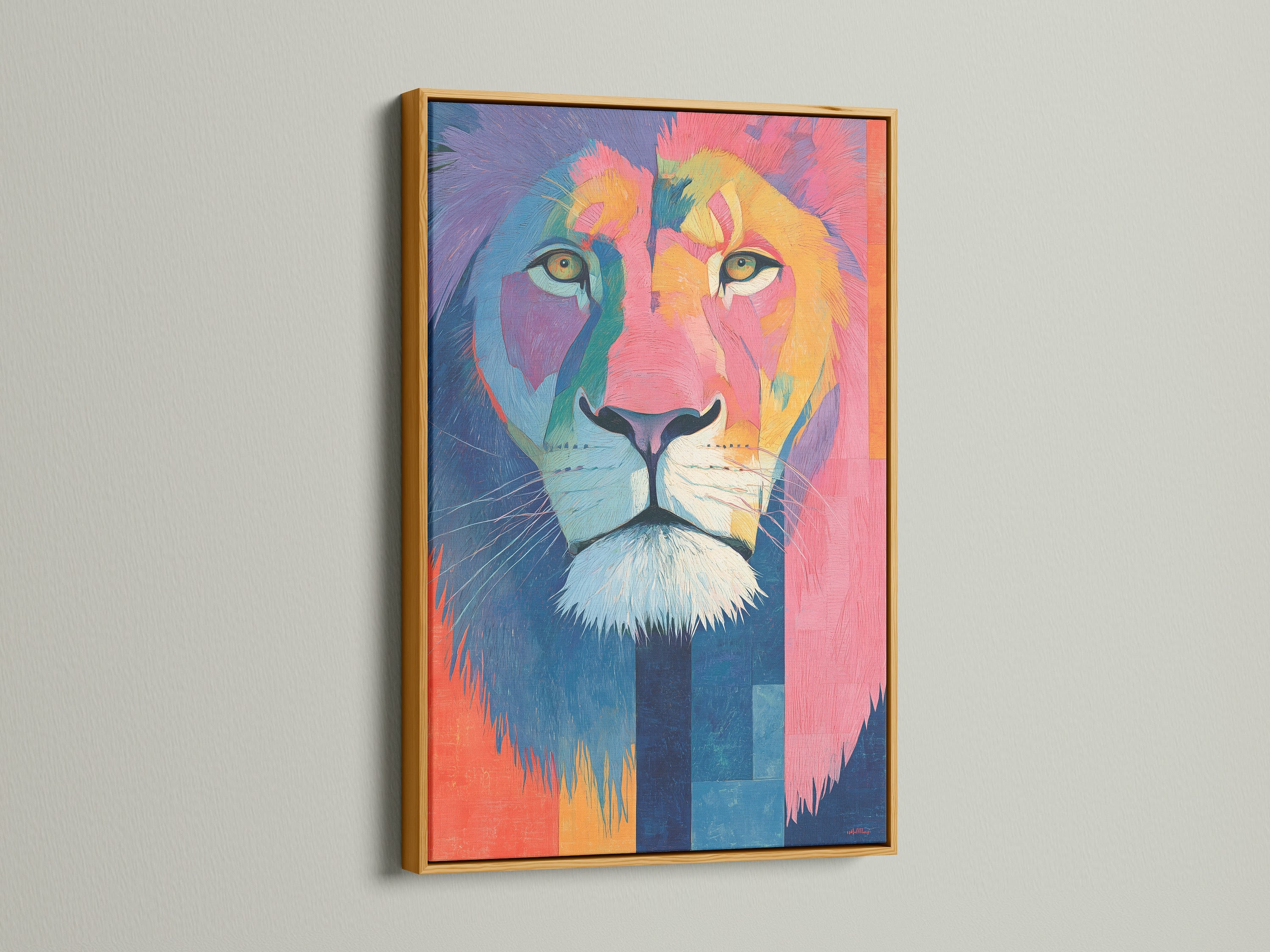 A majestic lion artwork is luxuriously presented in a gold frame. The gold frame adds a touch of opulence. It elevates the artwork's presence. Discover the glamour a gold frame brings to your art.
