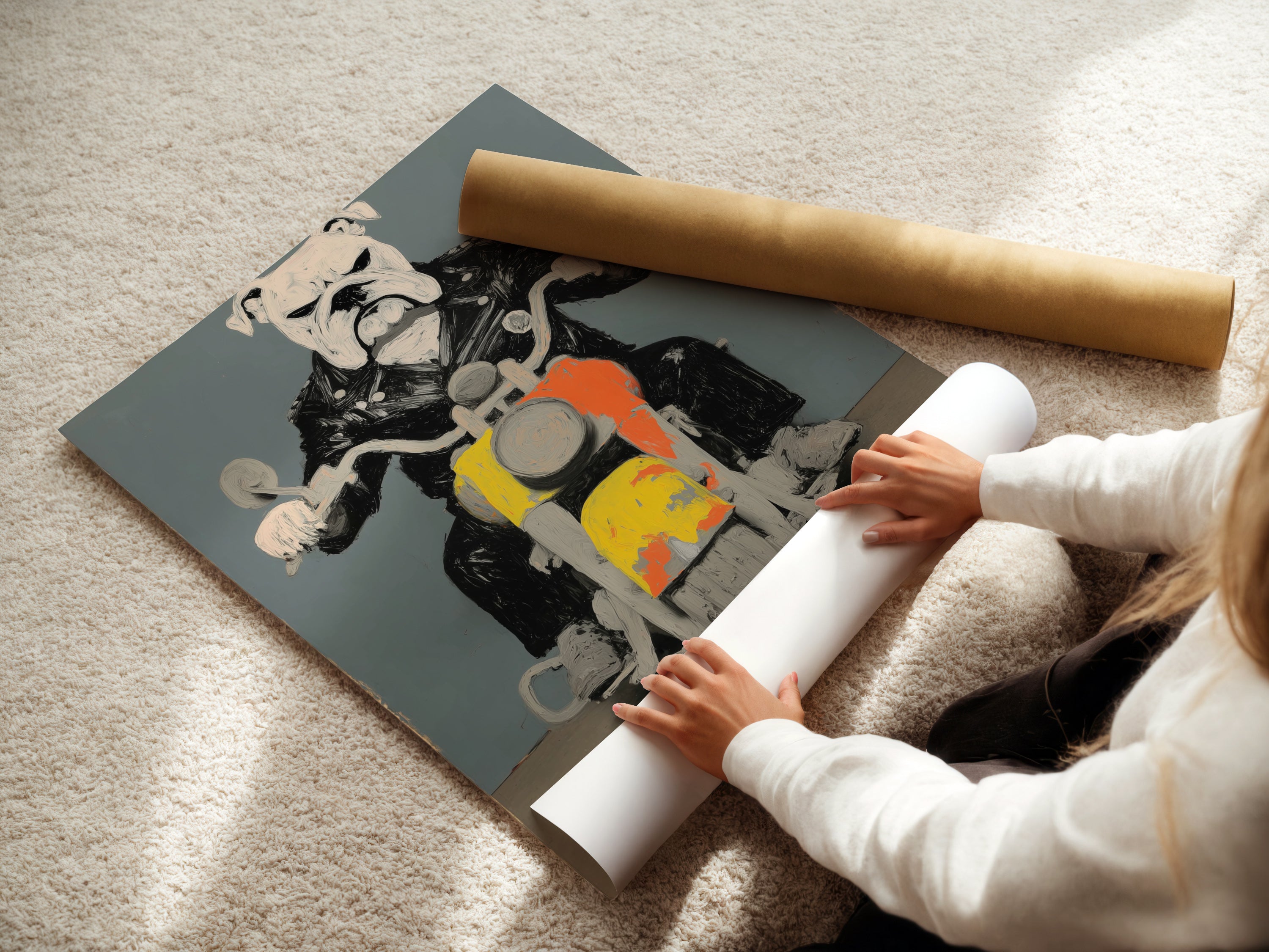 A woman is rolling a fine art poster paper of the Bulldog Biker artwork. High-quality fine art poster paper ensures the artwork looks its best. A great way to display this unique piece of art.
