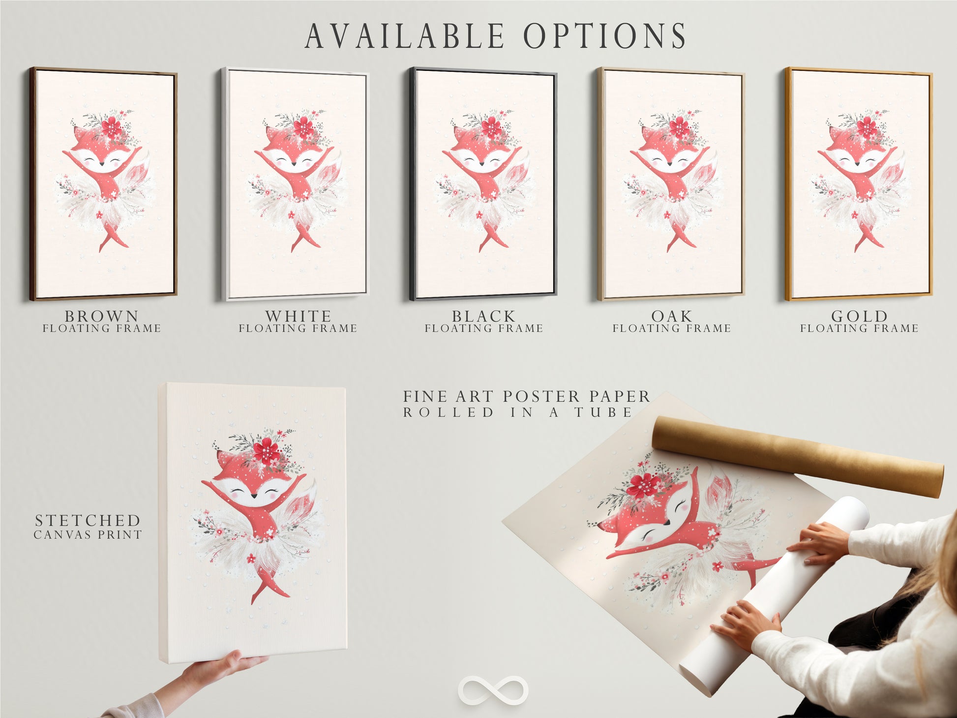 Explore available options for the fox ballerina artwork including a stretched canvas print fine art poster paper and floating frame. Choose the perfect format to enhance your nursery decor. This cute animal art is ideal for creating a loving and stimulating environment for children.