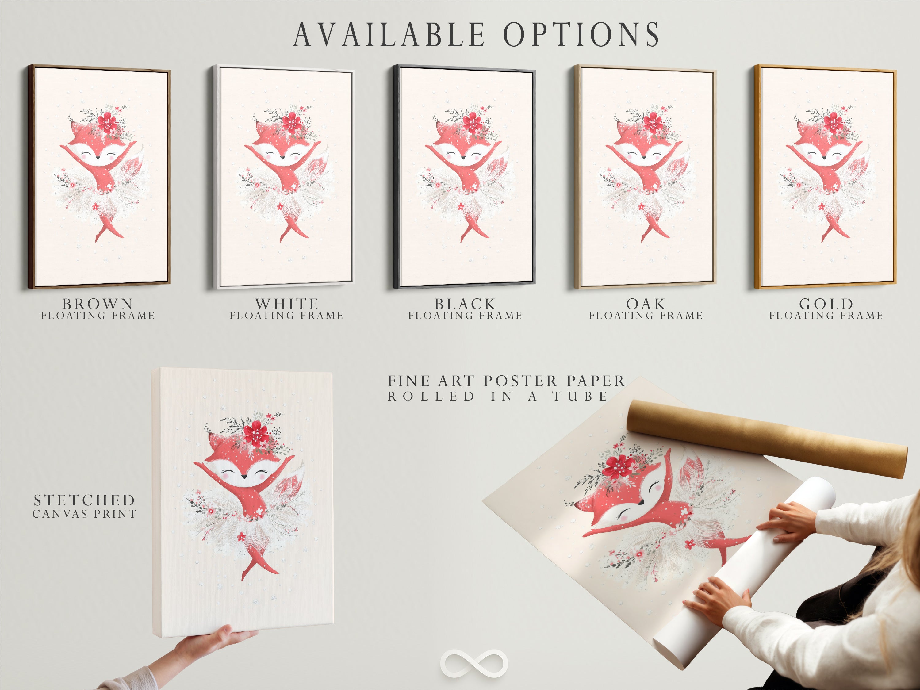 Explore available options for the fox ballerina artwork including a stretched canvas print fine art poster paper and floating frame. Choose the perfect format to enhance your nursery decor. This cute animal art is ideal for creating a loving and stimulating environment for children.