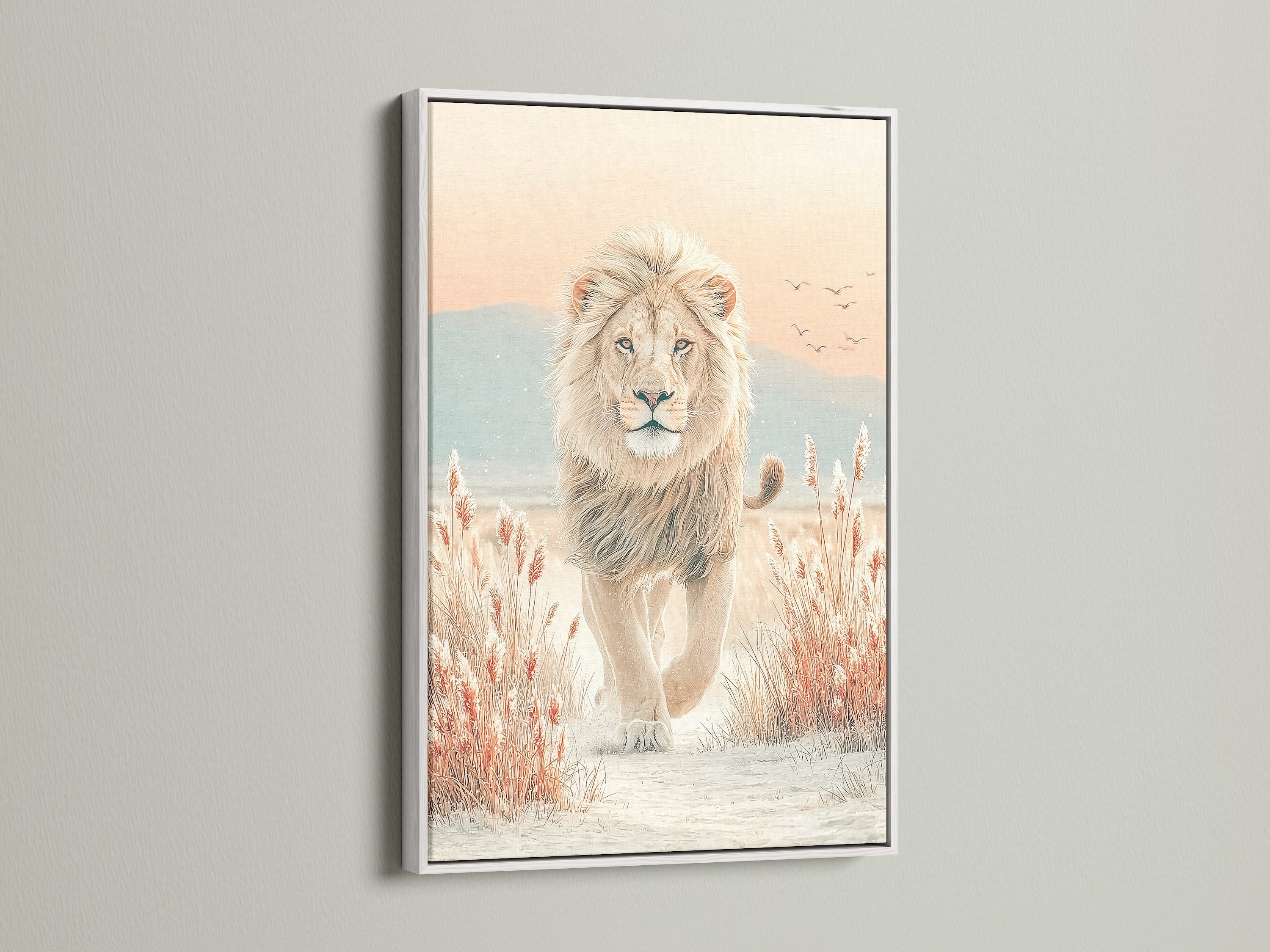 This is a beige lion artwork in a white frame. The neutral decor complements contemporary styles. It brings a touch of savanna art to your bedroom art. A wildlife canvas for any room.